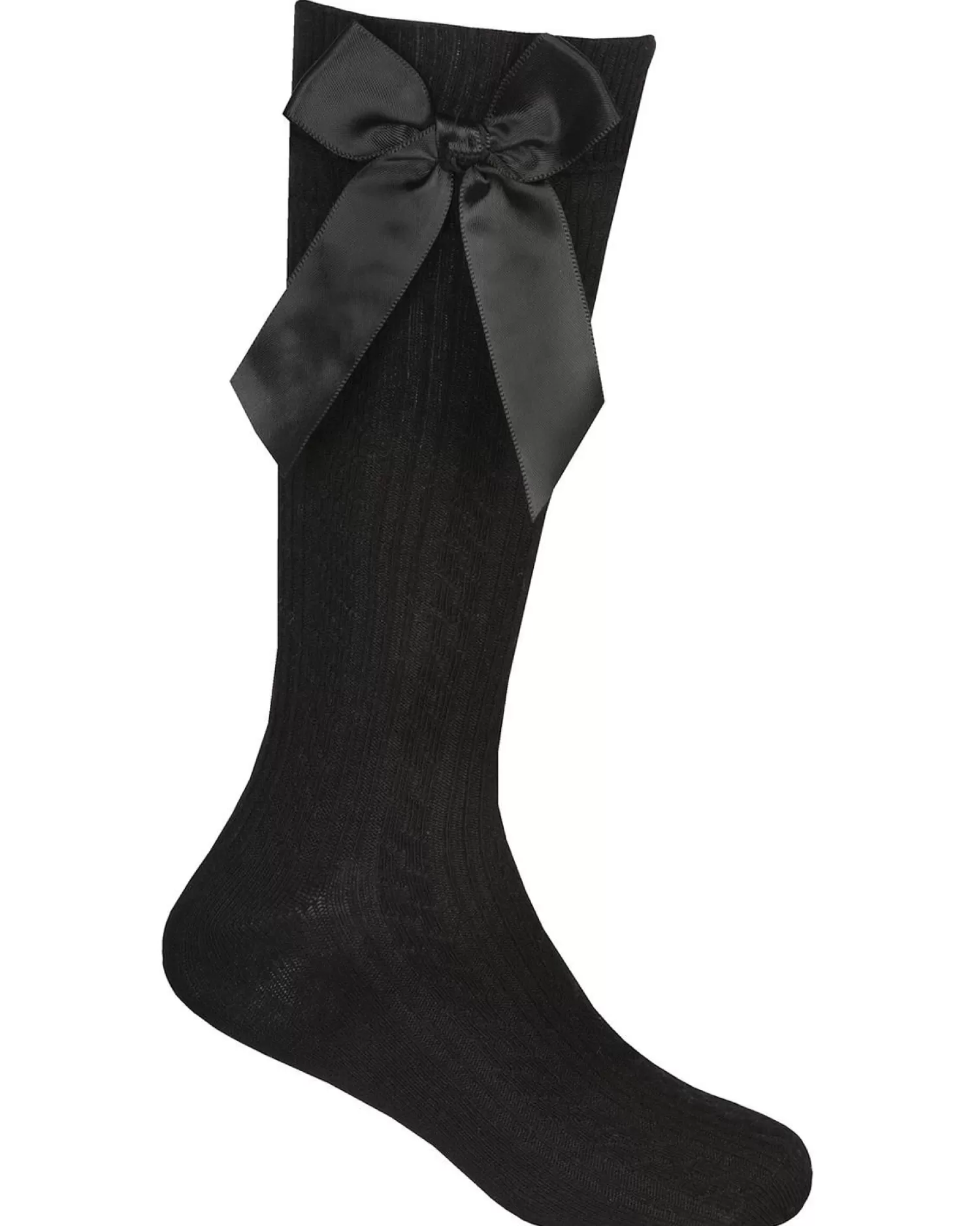 Kids Cottonique 2 Pairs Girls Cable Knee High Bow Socks - Black