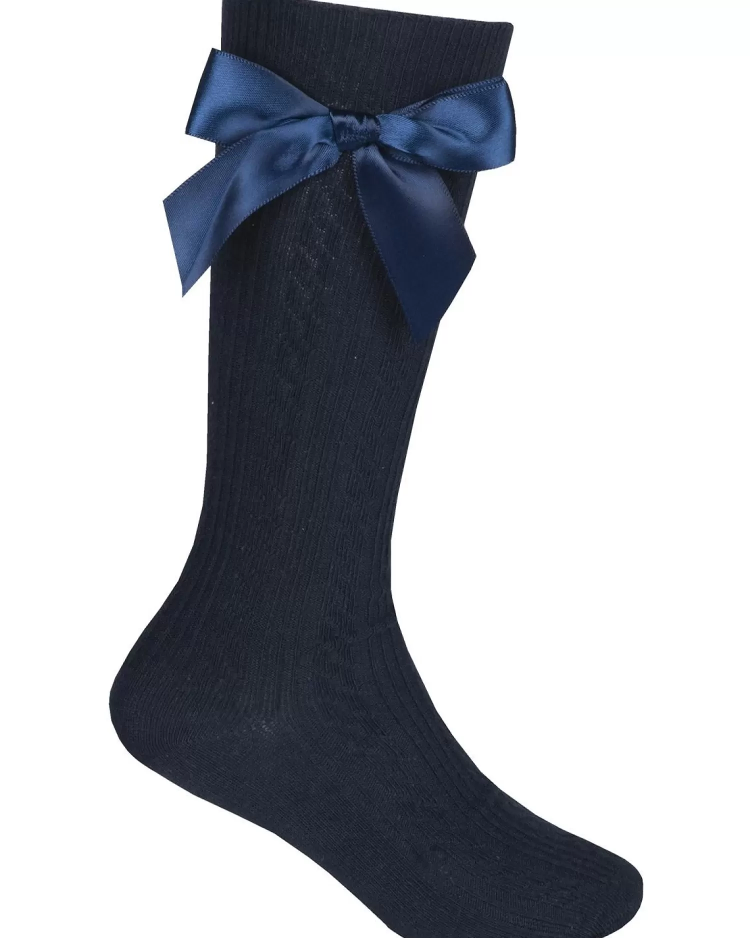 Kids Cottonique 2 Pairs Girls Cable Knee High Bow Socks - Navy