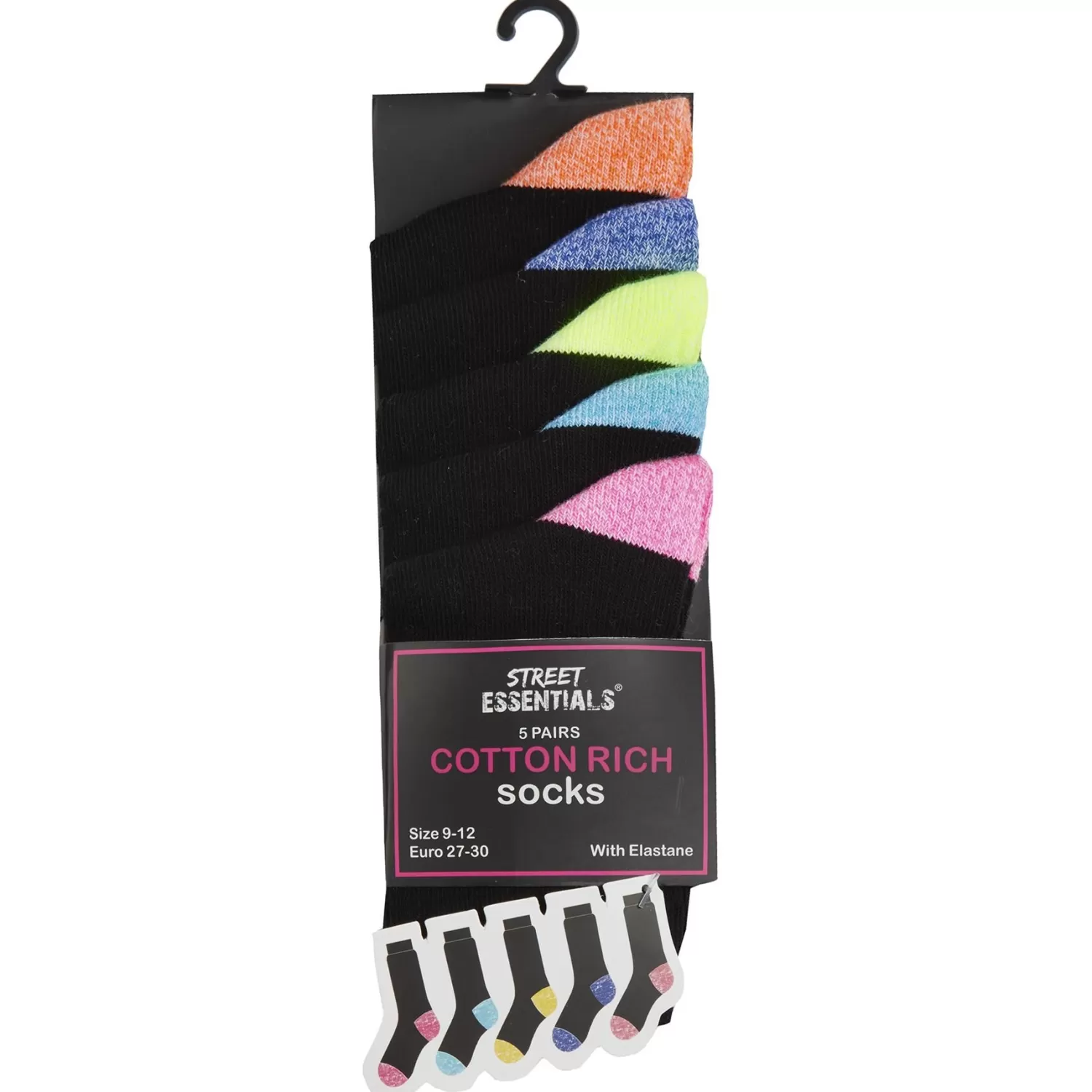 Kids Street Essentials 5 Pairs Girls Marl Heel & Toe Socks - Neon Mix