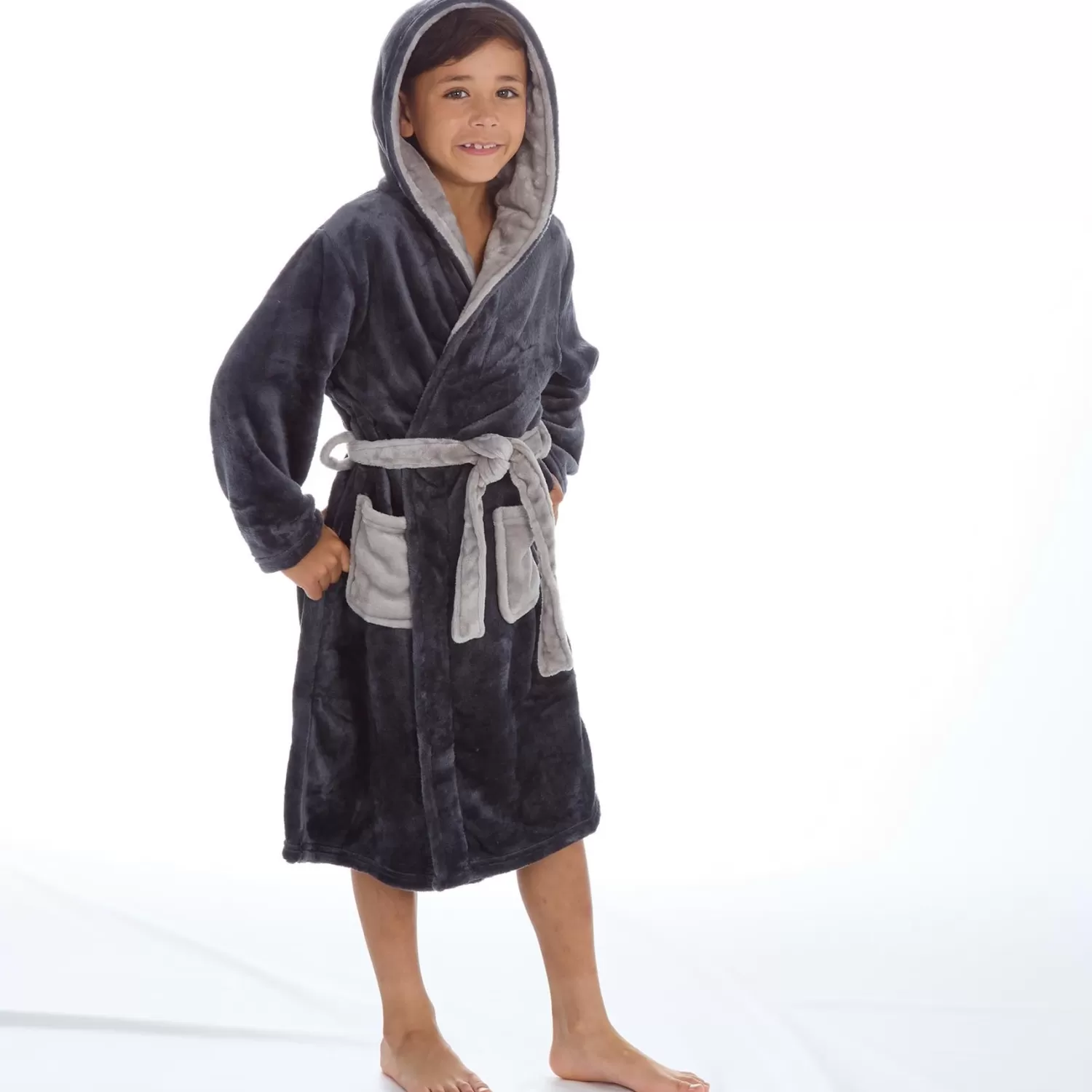 Kids 4Kidz Boys Contrast Hooded Dressing Gown - Charcoal