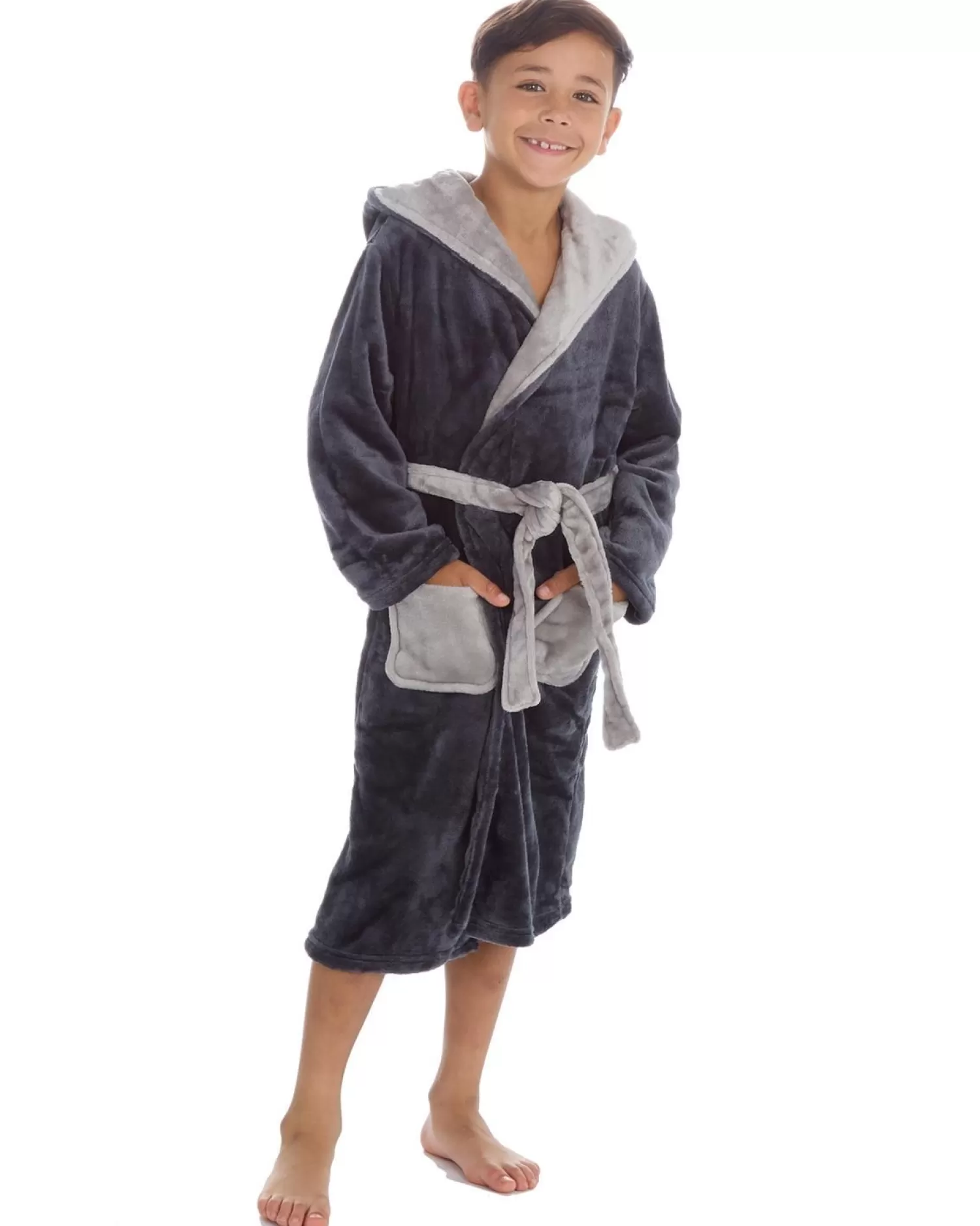 Kids 4Kidz Boys Contrast Hooded Dressing Gown - Charcoal