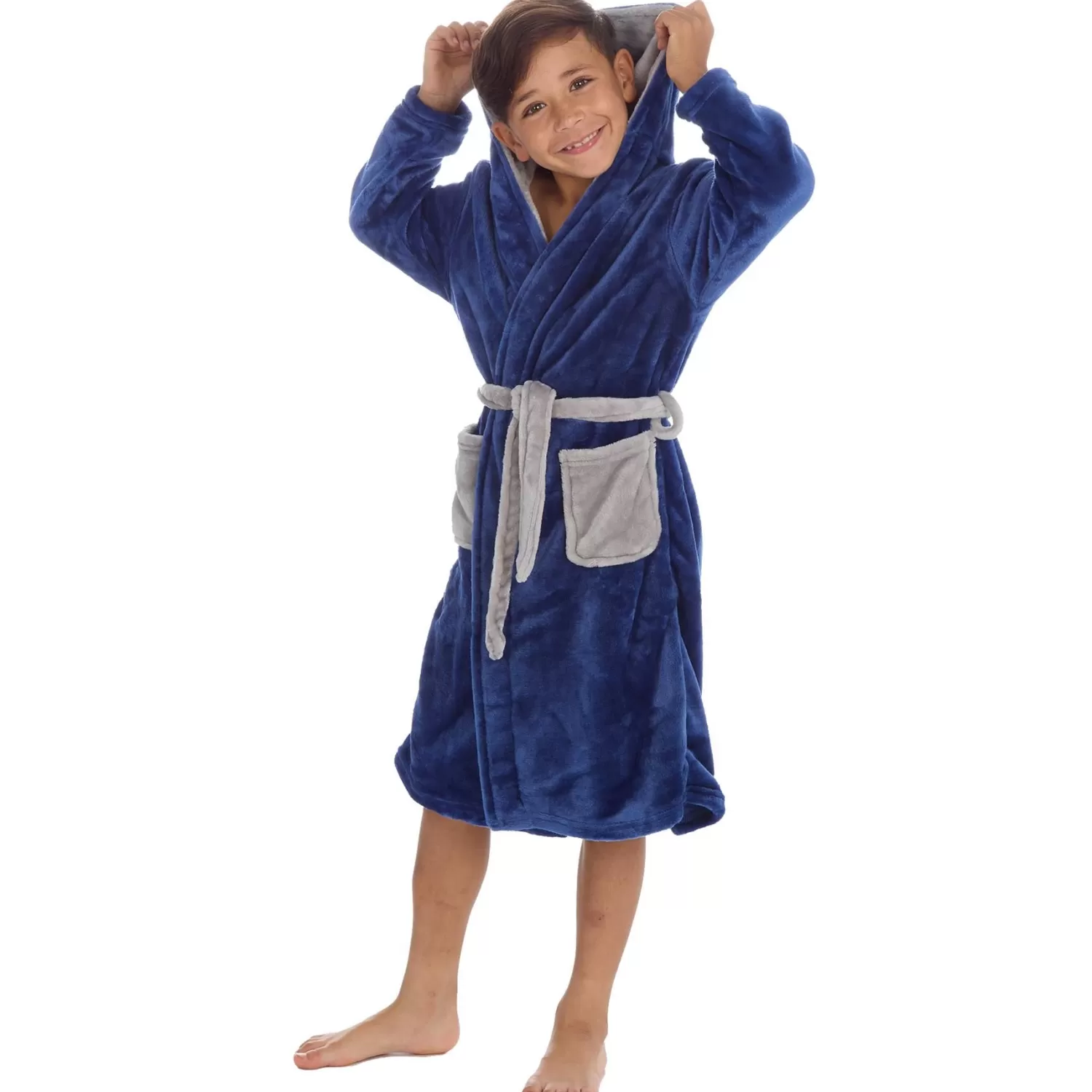 Kids 4Kidz Boys Contrast Hooded Dressing Gown - Ink Blue