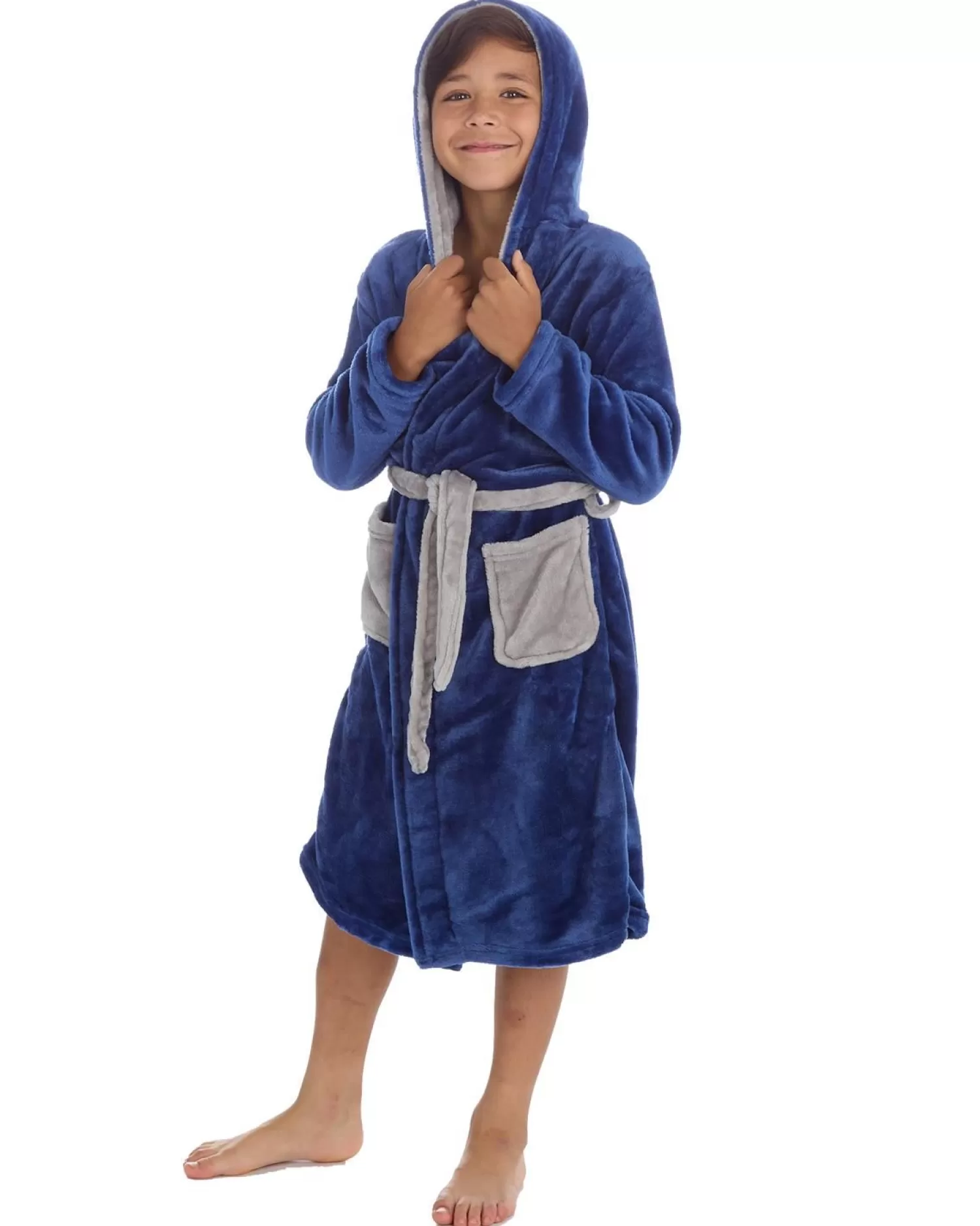 Kids 4Kidz Boys Contrast Hooded Dressing Gown - Ink Blue