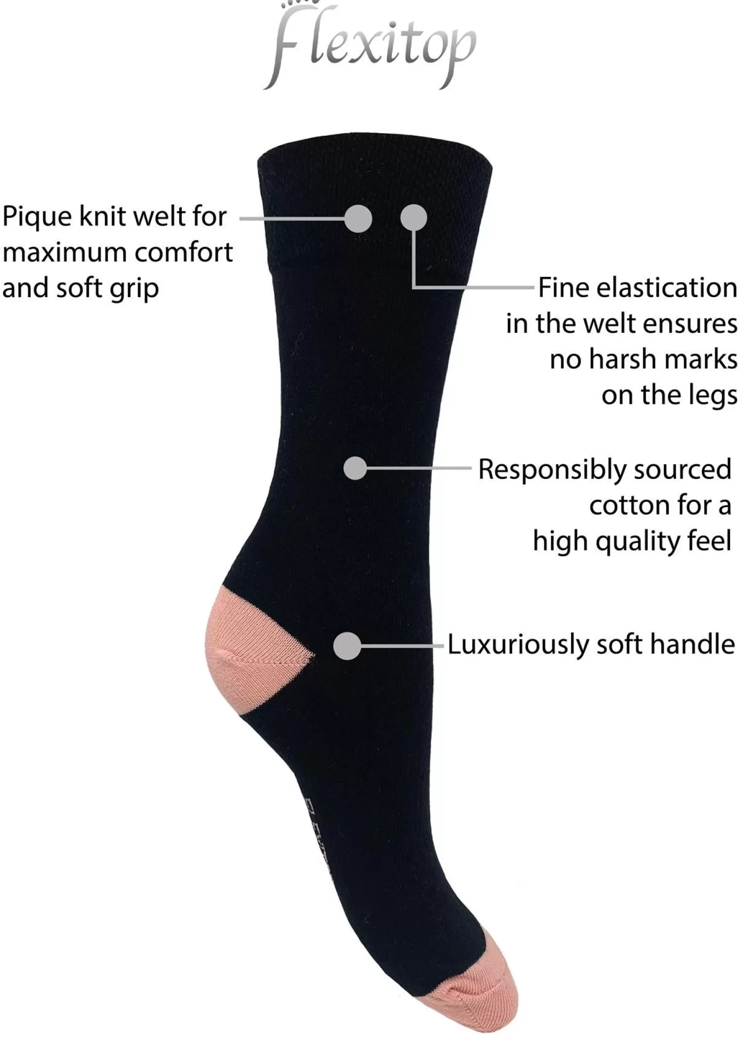 Flexitop Socks | 3 Pack Womens Cotton Rich Socks - Bright Heel & Toe