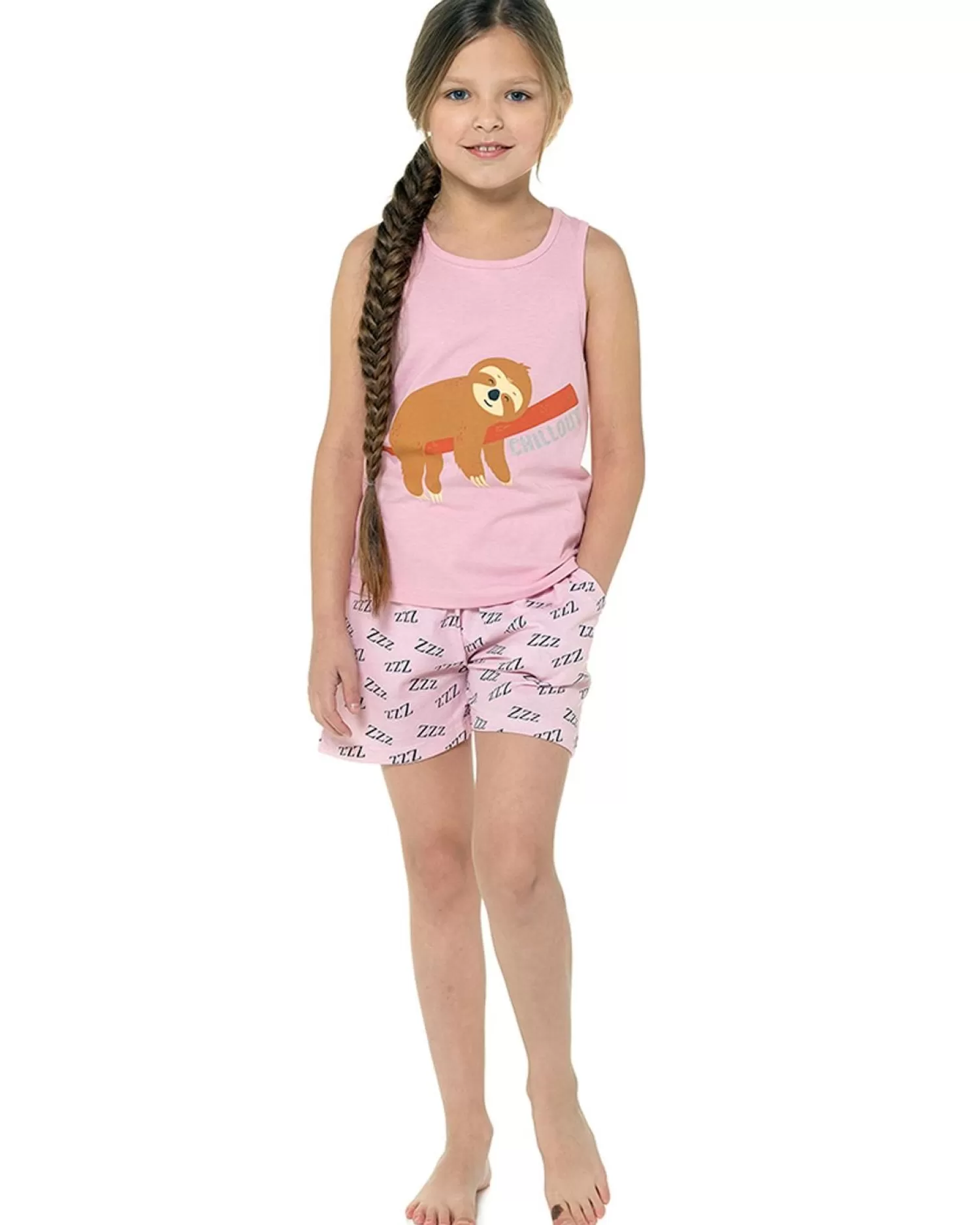 Kids Foxbury Girls Pink Sloth Short Pyjamas