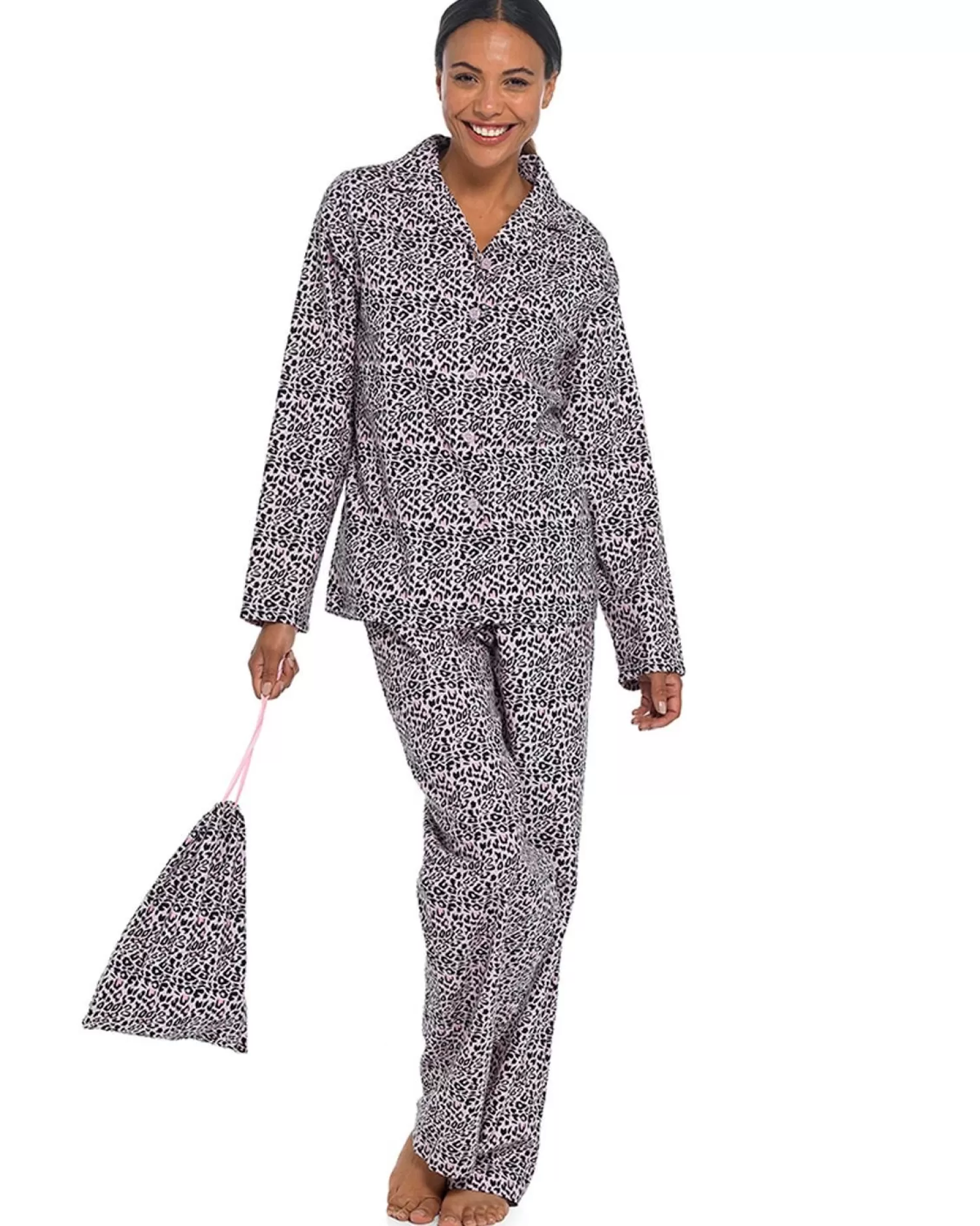 Foxbury Pyjamas | Leopard Button Pyjamas In A Bag - Pink