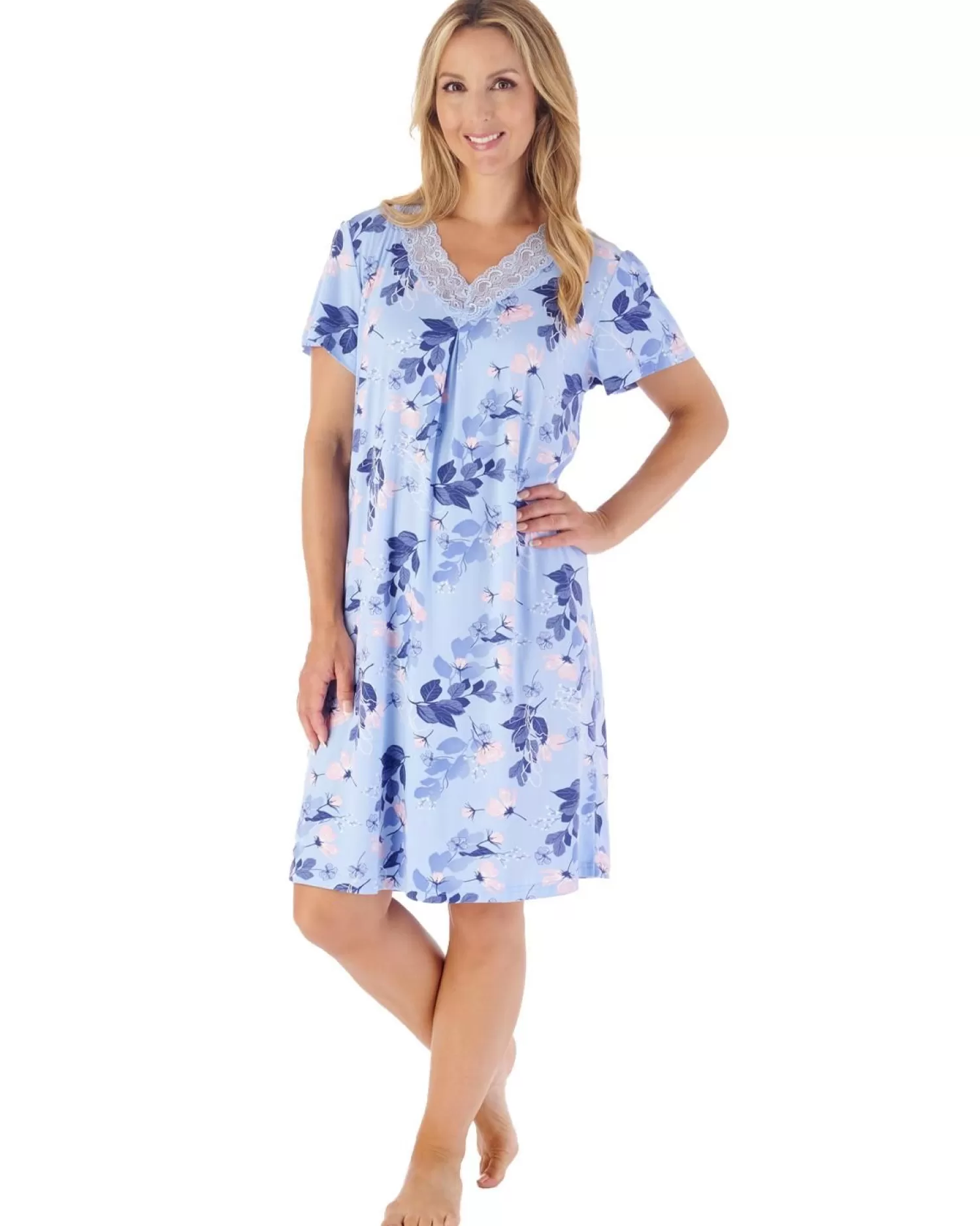 Slenderella Nighties | Gaspe By 40" Supersoft Short Sleeve Nightie - Blue
