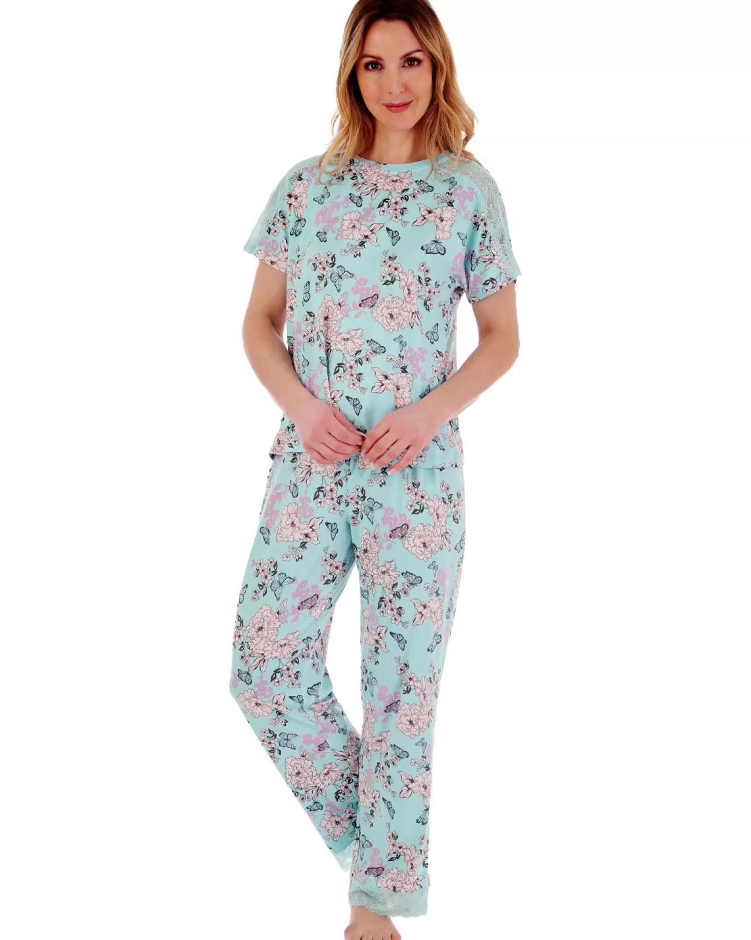 Slenderella Pyjamas | Gaspe By Long Lace Pyjamas - Aqua