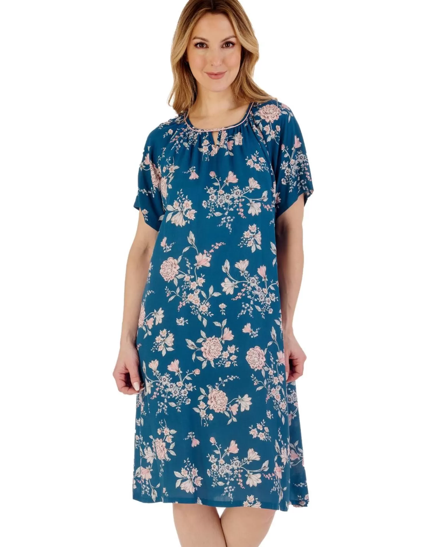 Slenderella Nighties | Gaspe By Short Sleeve Floral Nightie - Teal