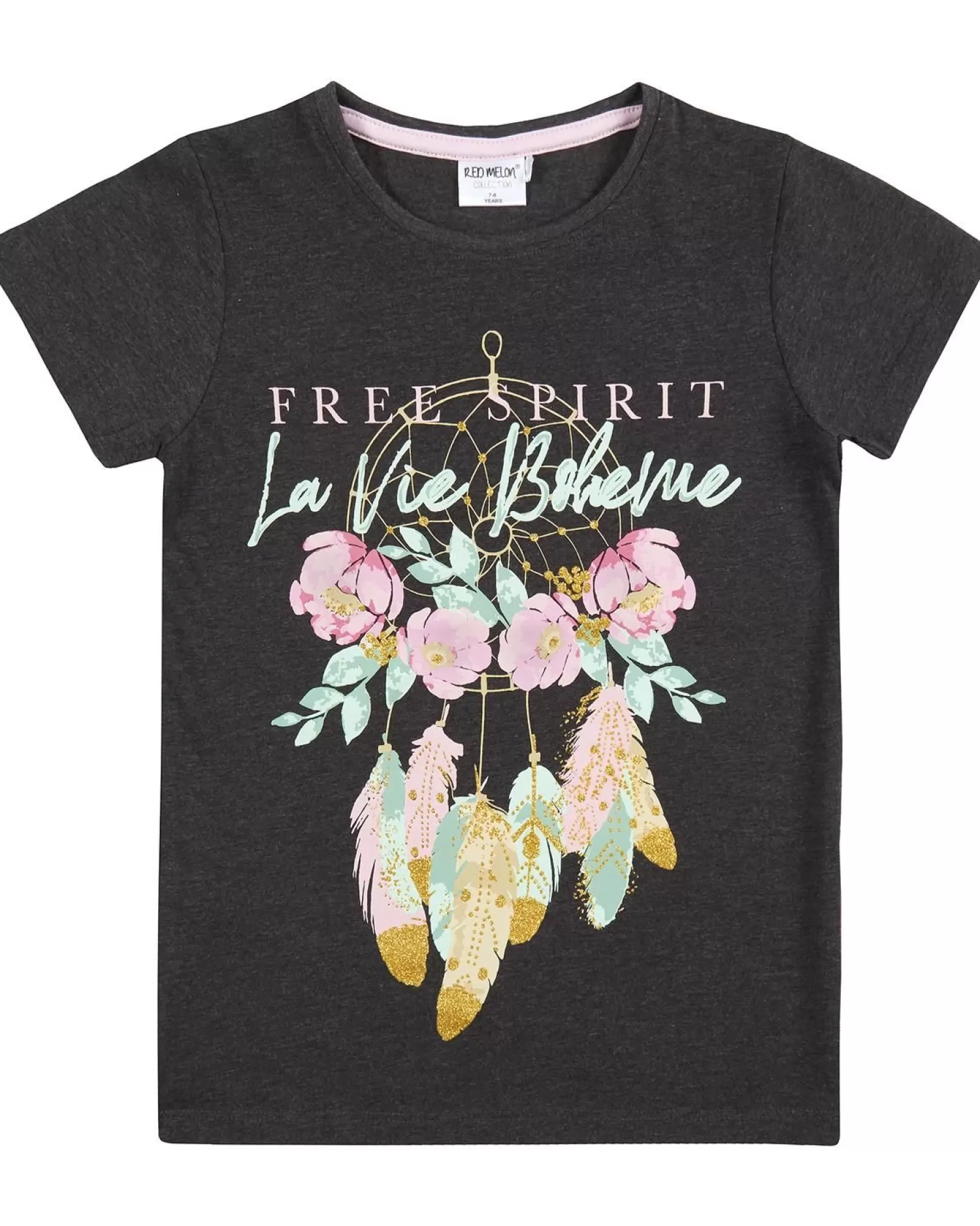 Kids Red Melon Girls Charcoal Free Spirit Short Sleeve T-Shirt