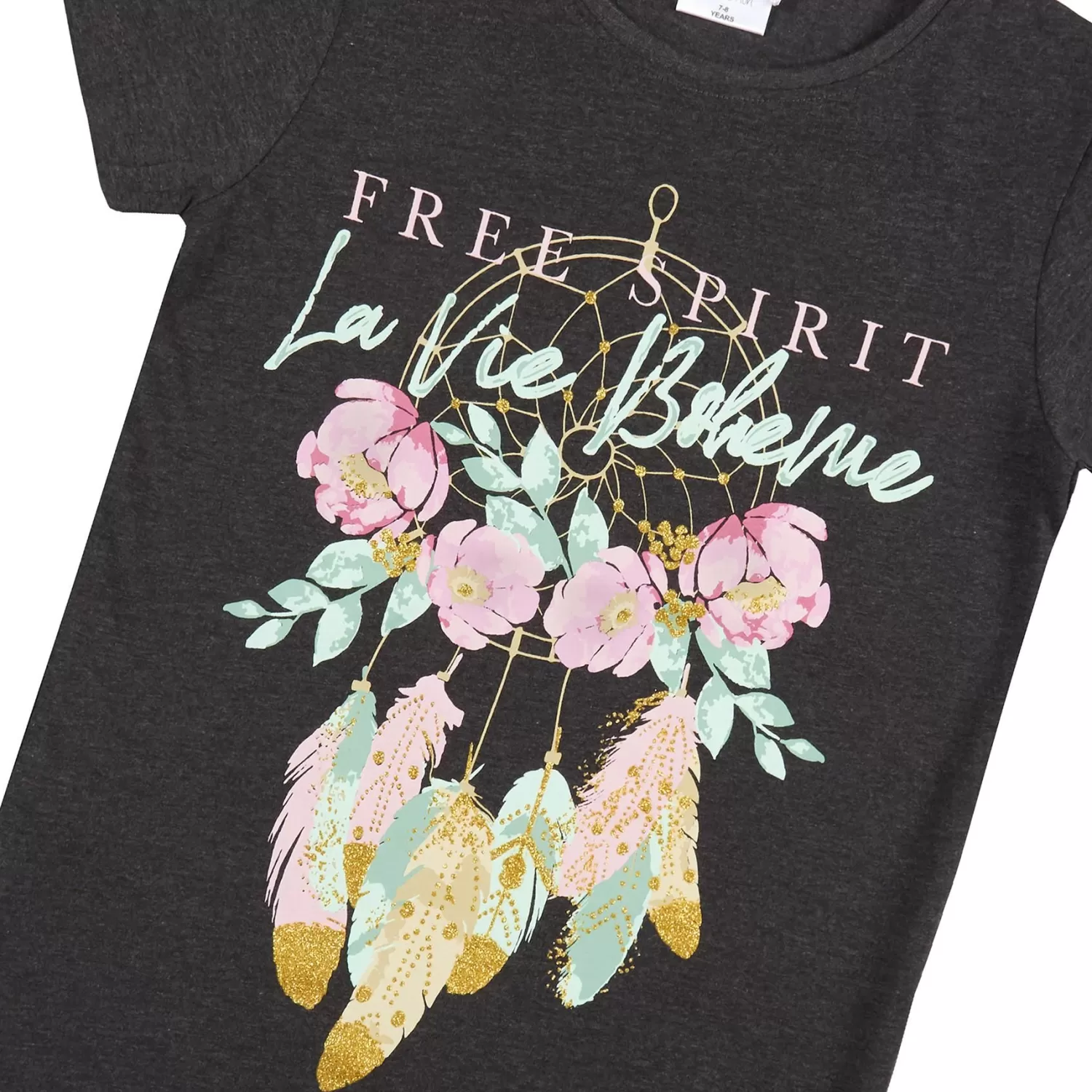 Kids Red Melon Girls Charcoal Free Spirit Short Sleeve T-Shirt