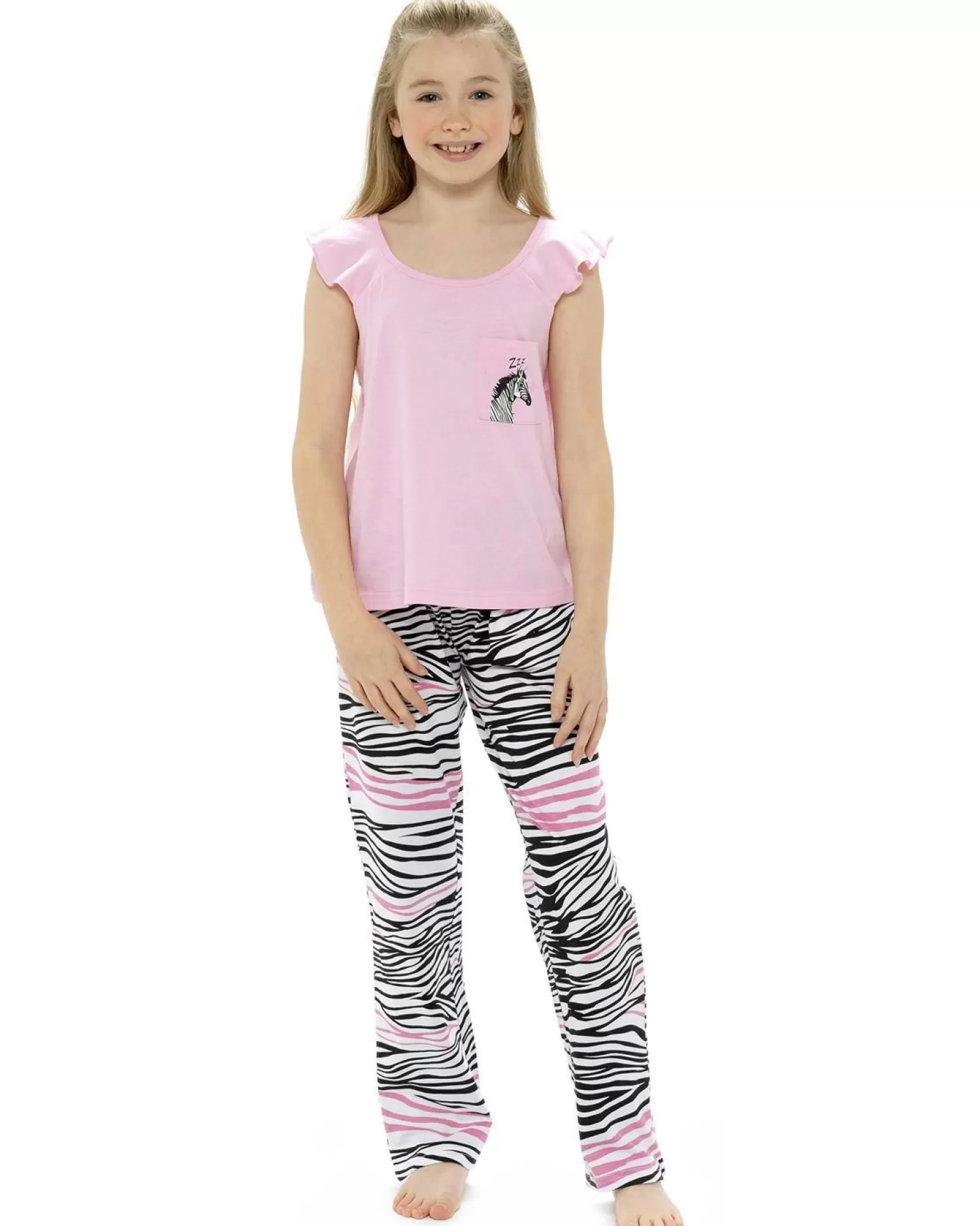 Kids Foxbury Girls Pink Zebra Long Pyjamas
