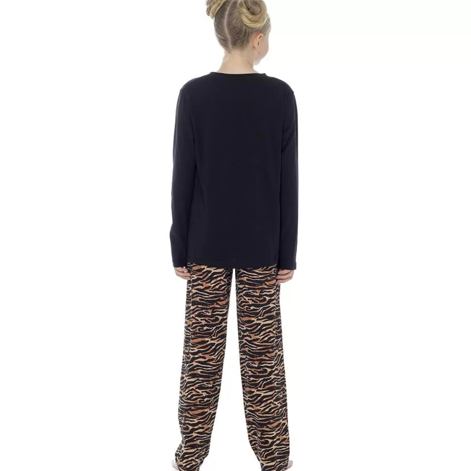 Kids Foxbury Girls Tiger Print Black Long Jersey Pyjamas