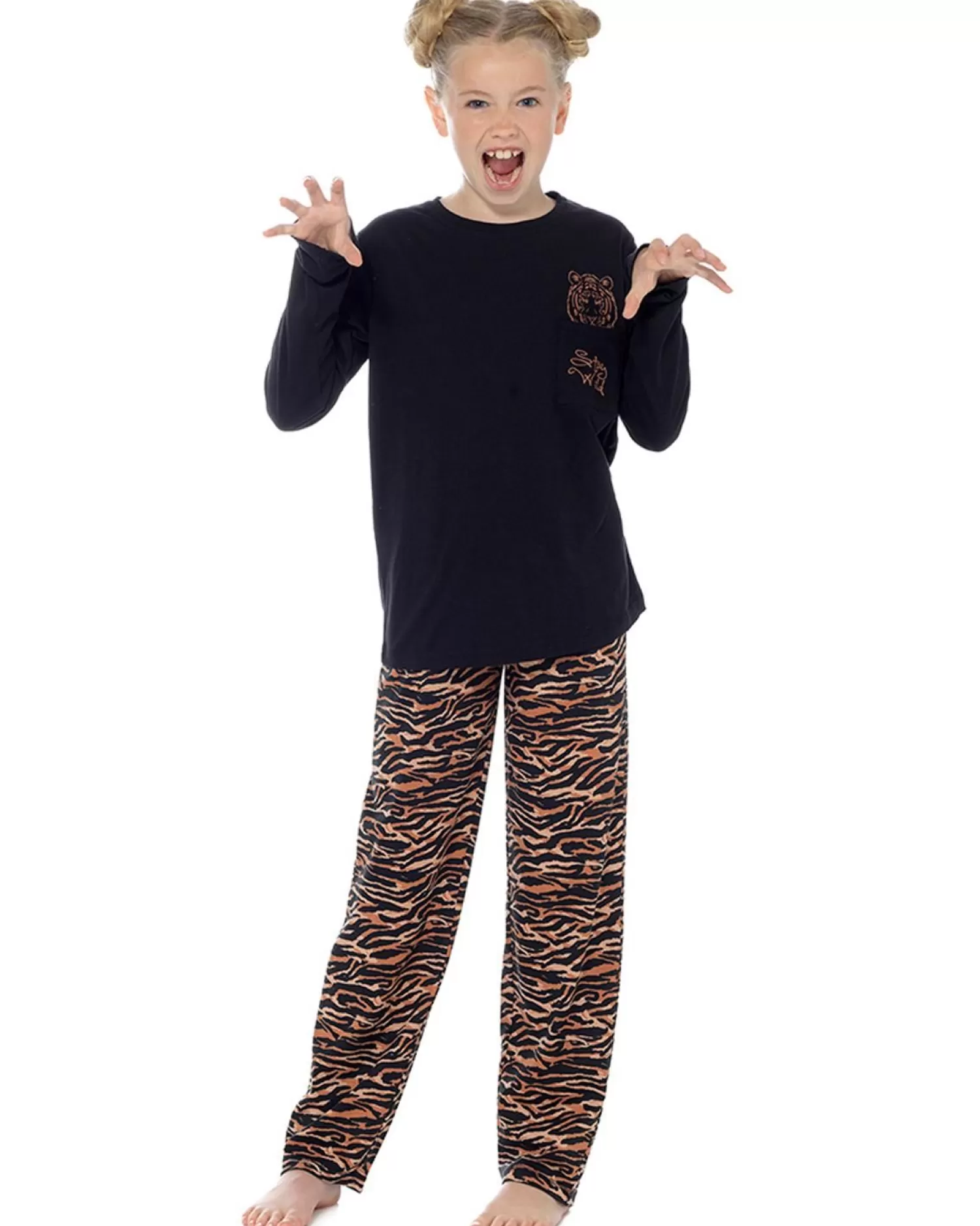 Kids Foxbury Girls Tiger Print Black Long Jersey Pyjamas