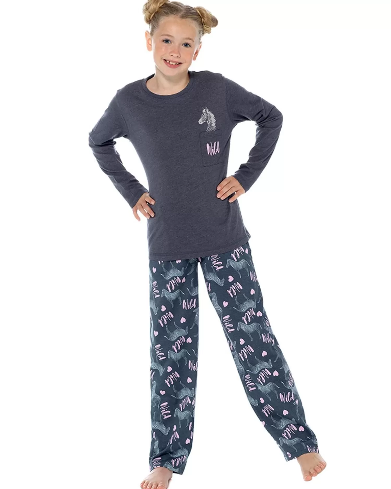 Kids Foxbury Girls Zebra Print Charcoal Long Jersey Pyjamas