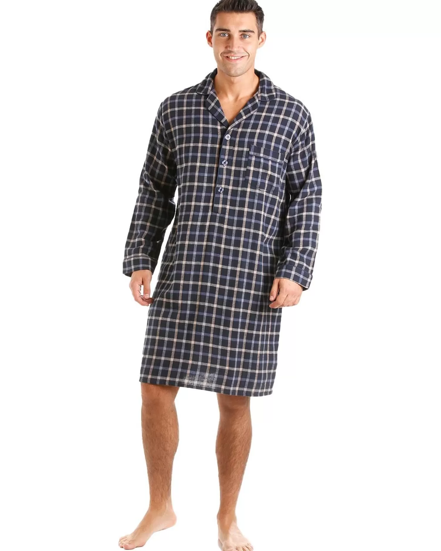 Men Haigman Brushed 100% Cotton Nightshirt - Navy/Beige/Blue Check