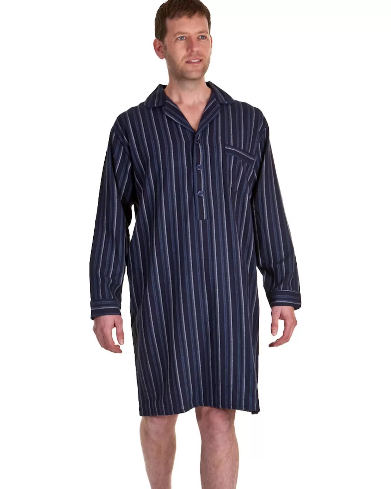 Men Haigman Brushed 100% Cotton Nightshirt - Navy/Blue Stripe