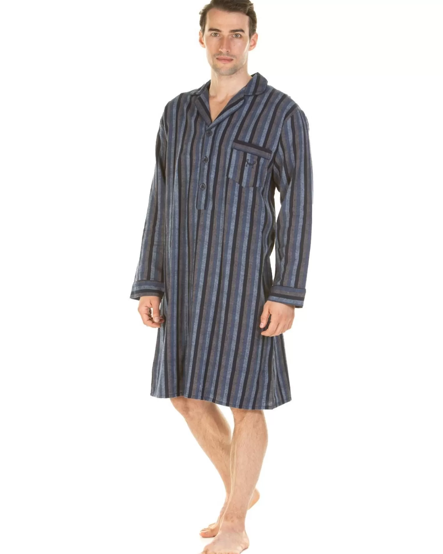 Men Haigman Brushed 100% Cotton Nightshirt - Navy/Grey Stripe
