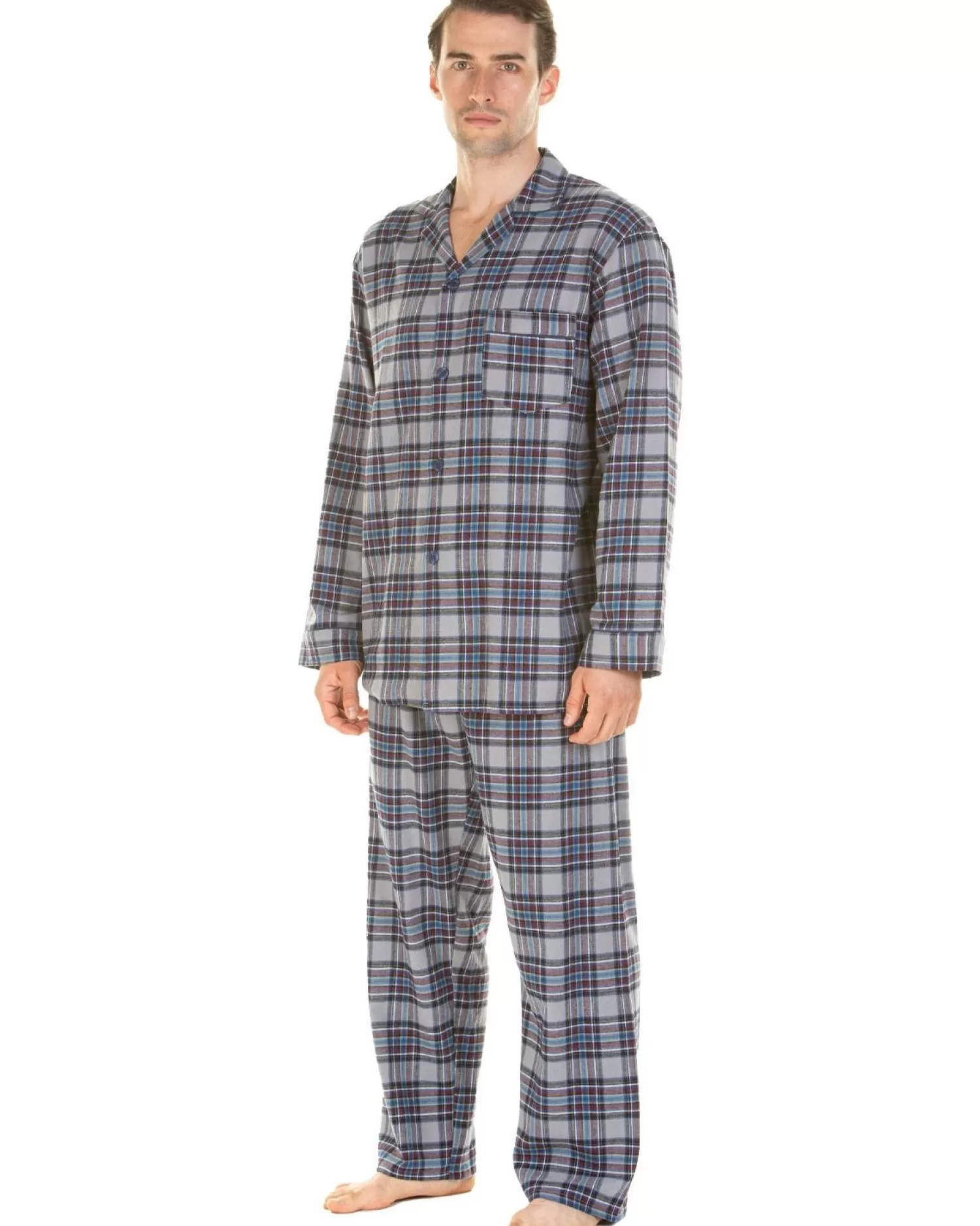 Men Haigman Brushed 100% Cotton Pyjamas - Blue/Grey Check