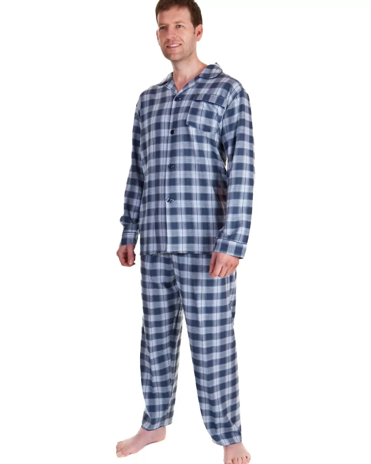 Men Haigman Brushed 100% Cotton Pyjamas - Blue/White Check