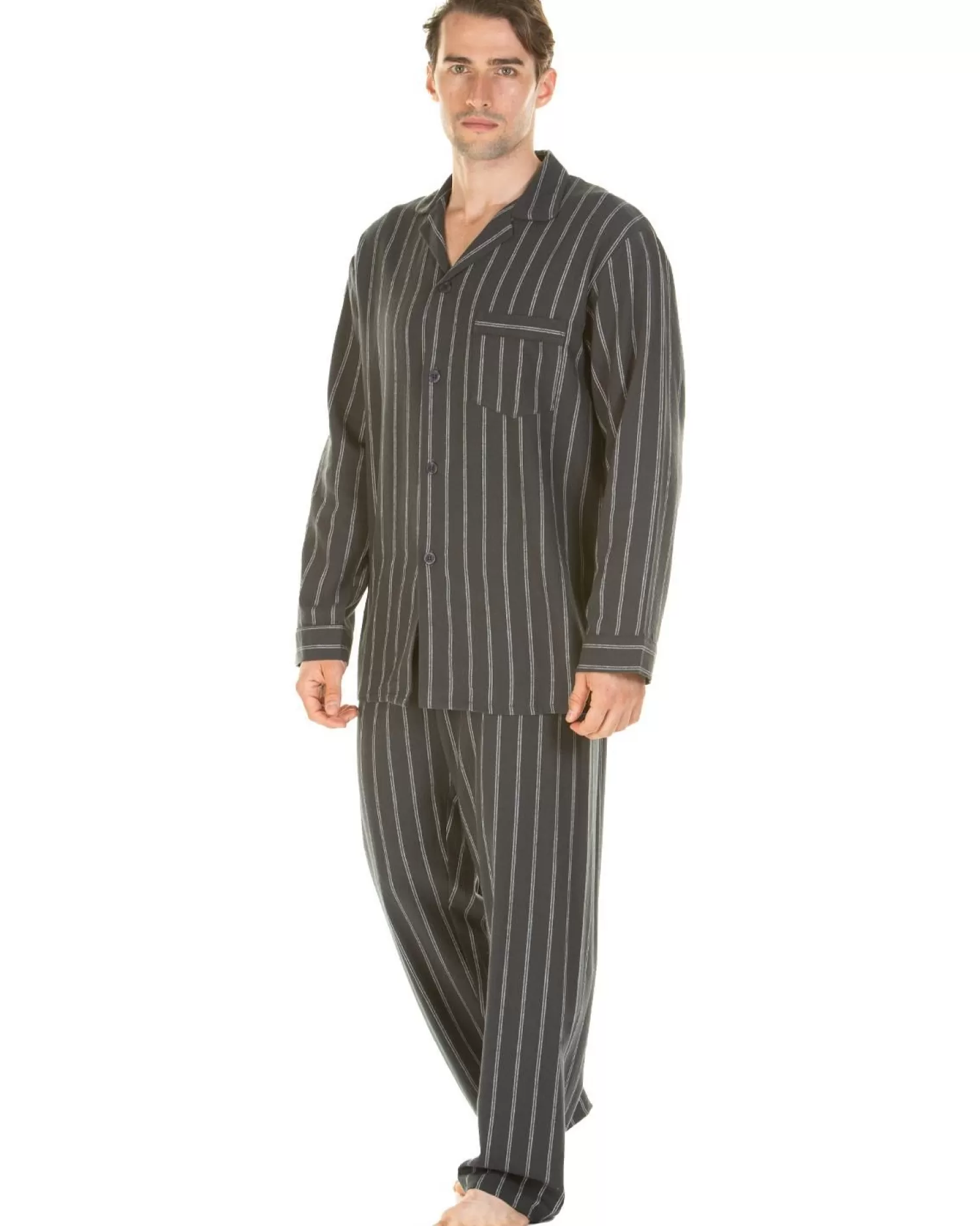 Men Haigman Brushed 100% Cotton Pyjamas - Charcoal Stripe