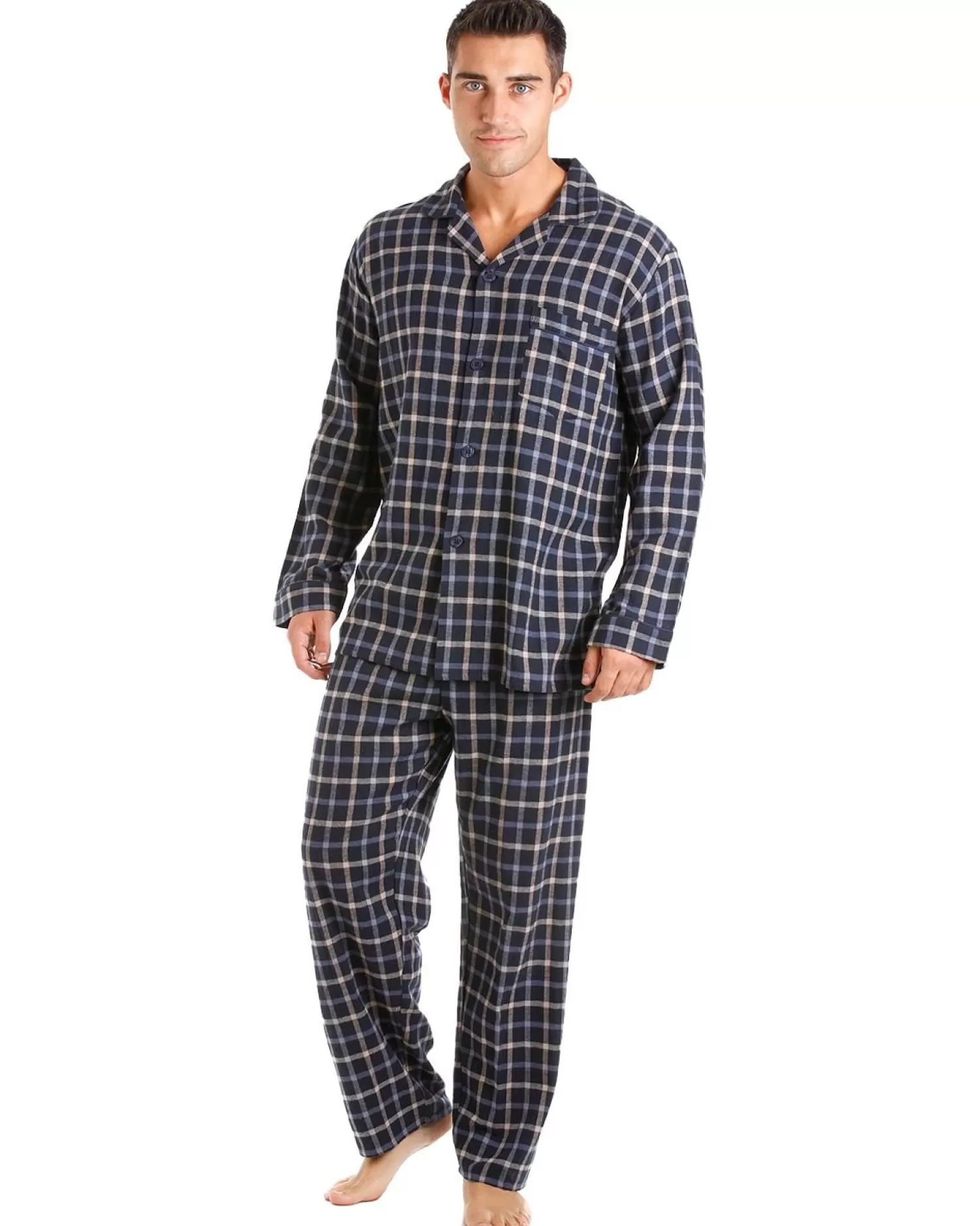 Men Haigman Brushed 100% Cotton Pyjamas - Navy/Beige/Blue Check