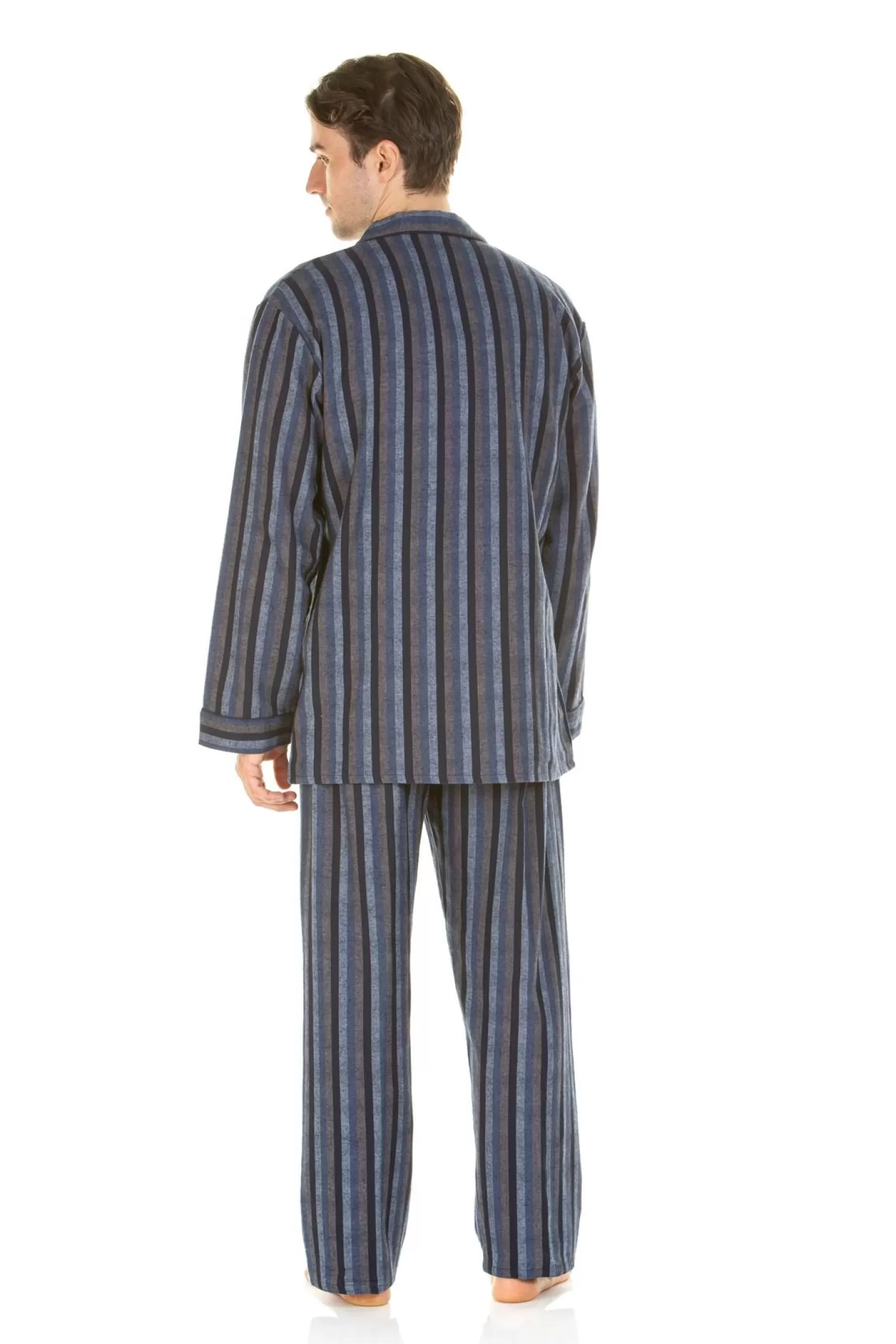 Men Haigman Brushed 100% Cotton Pyjamas - Navy/Grey Stripe