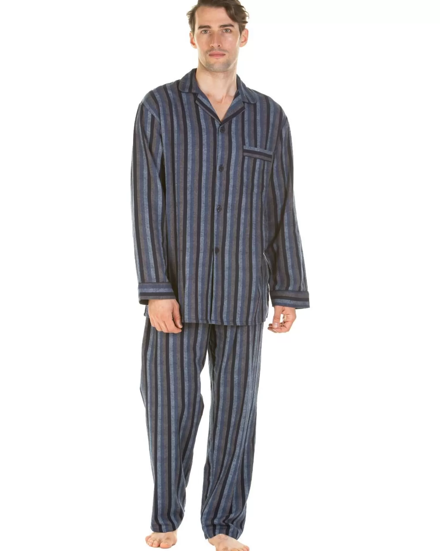 Men Haigman Brushed 100% Cotton Pyjamas - Navy/Grey Stripe