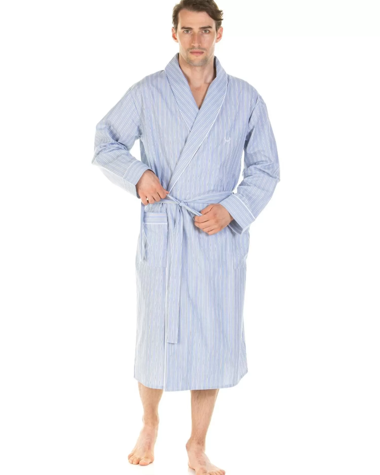 Men Haigman Poplin 100% Cotton Dressing Gown - Light Blue Stripe