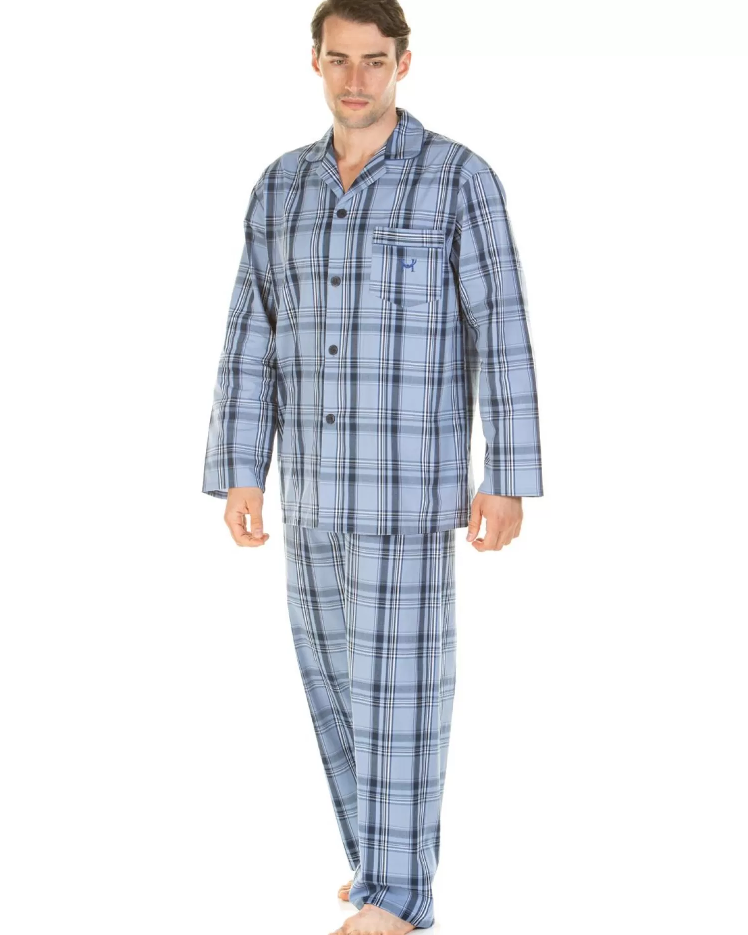 Men Haigman Poplin 100% Cotton Pyjamas - Blue Check