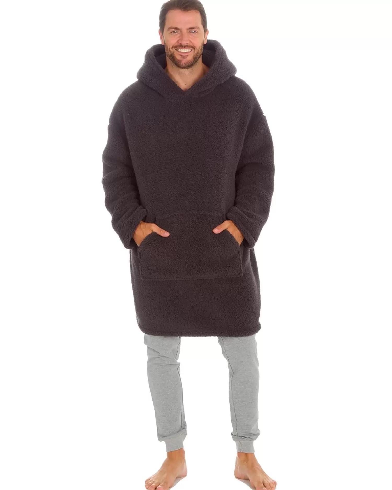 Men Huggable Borg Fleece Oversized Blanket Hoodie - Charcoal