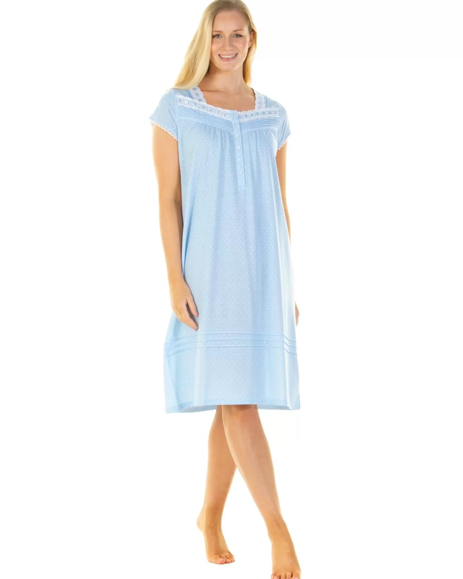 La Marquise Nighties | Cotton Dots 40" Short Sleeve Nightie - Blue