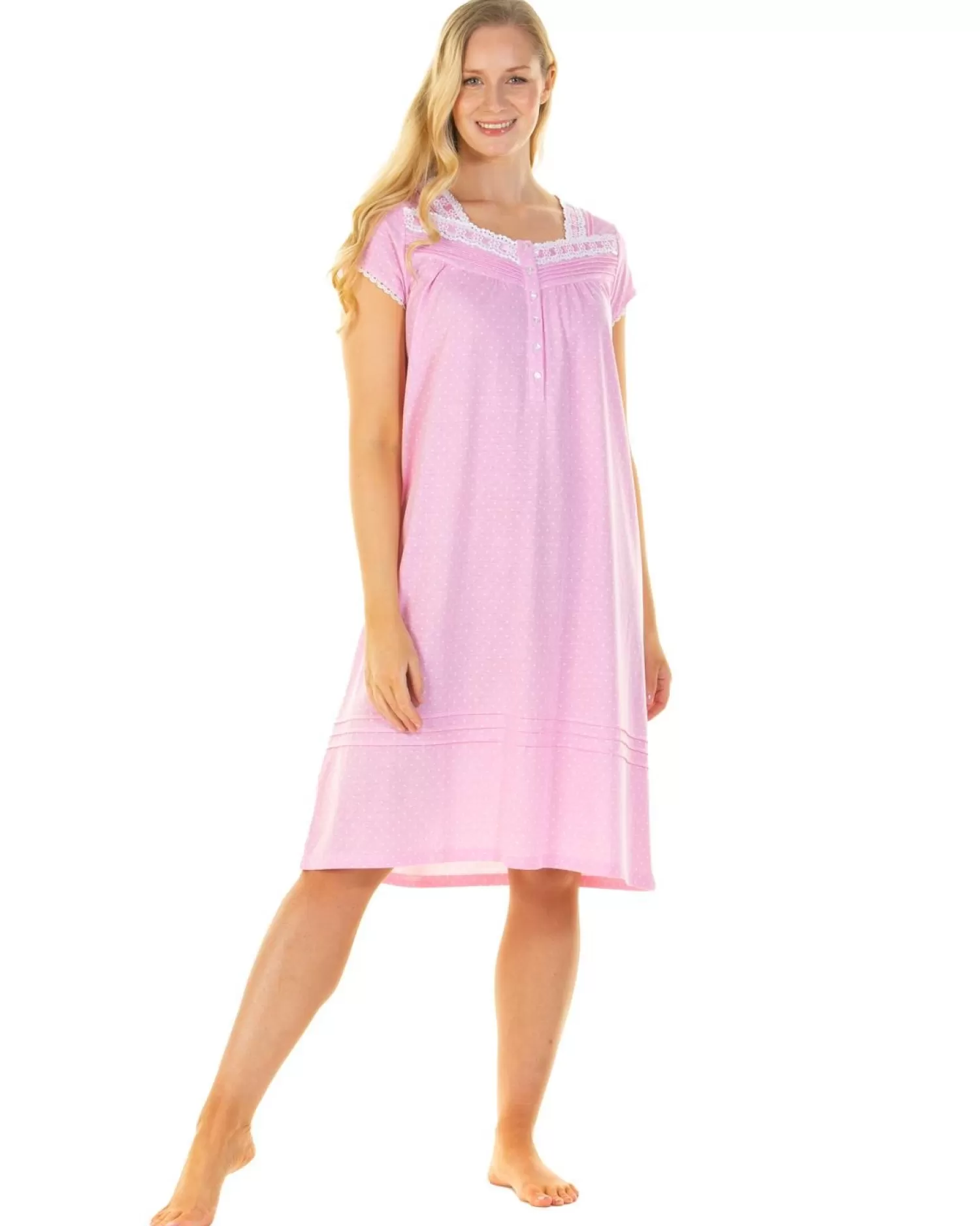 La Marquise Nighties | Cotton Dots 40" Short Sleeve Nightie - Pink