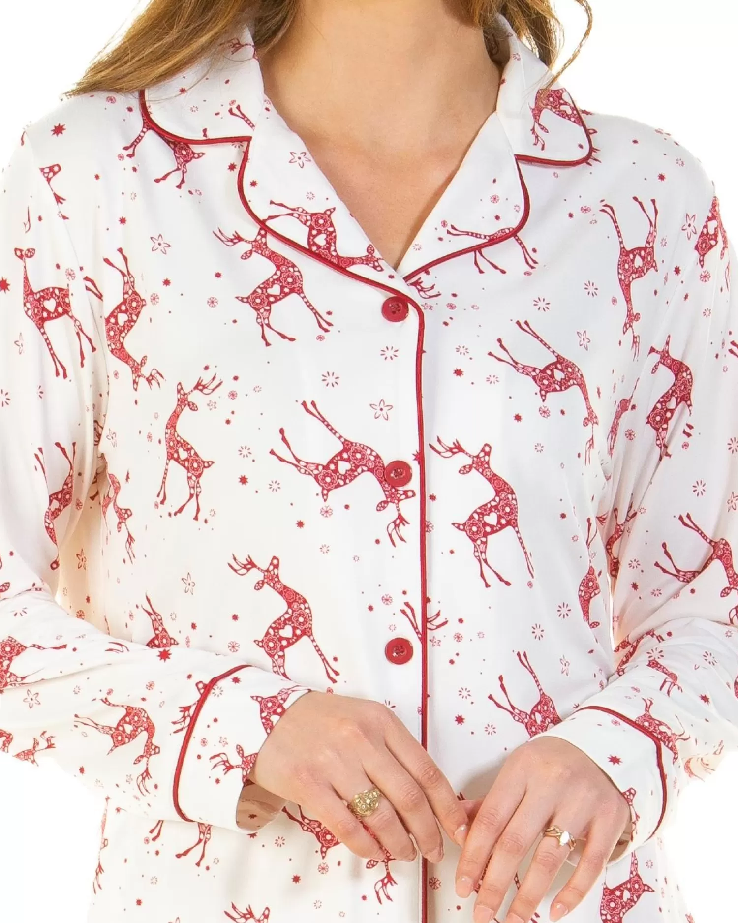 La Marquise Pyjamas | Festive Prints Button Pyjamas - Ivory Reindeers