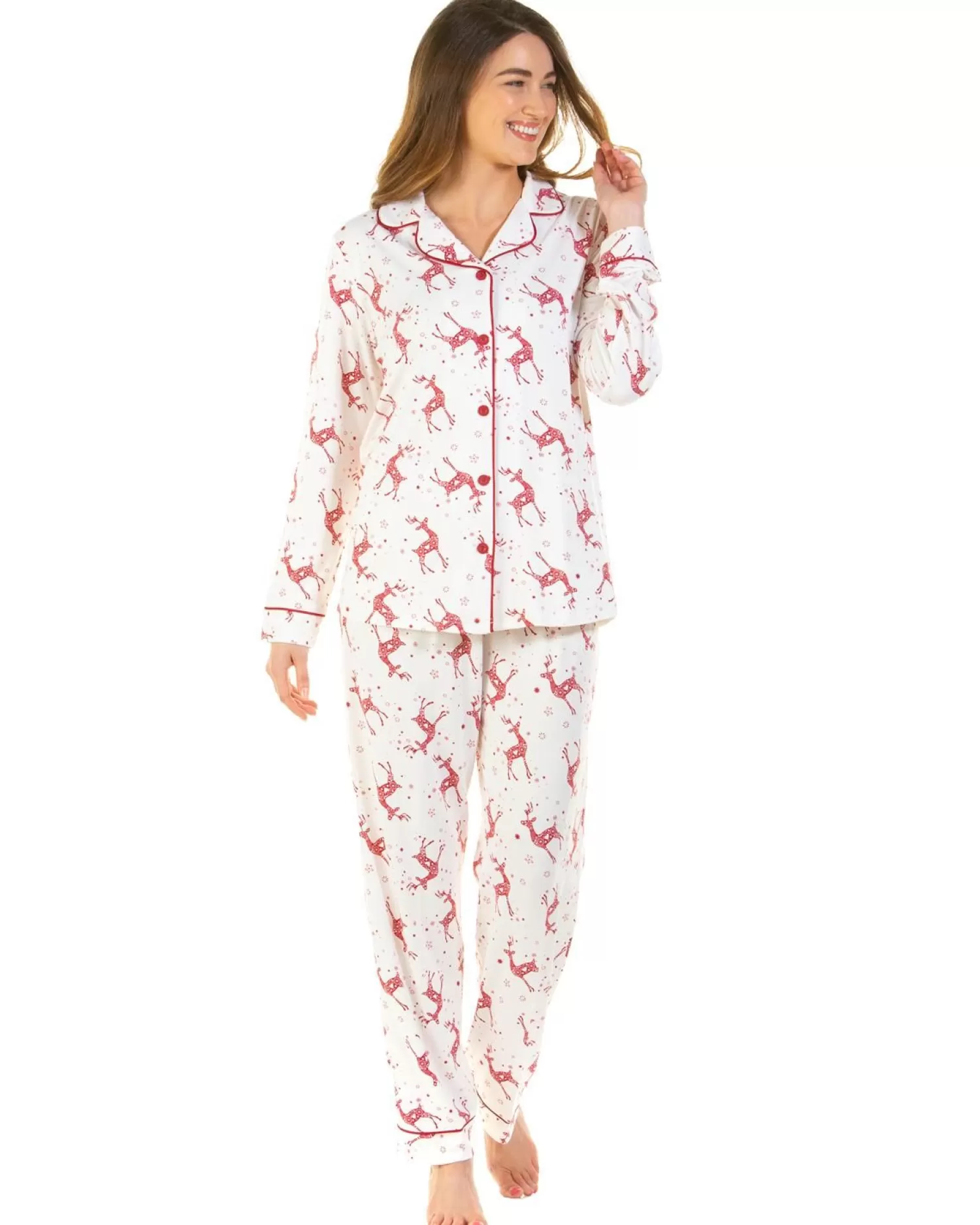 La Marquise Pyjamas | Festive Prints Button Pyjamas - Ivory Reindeers