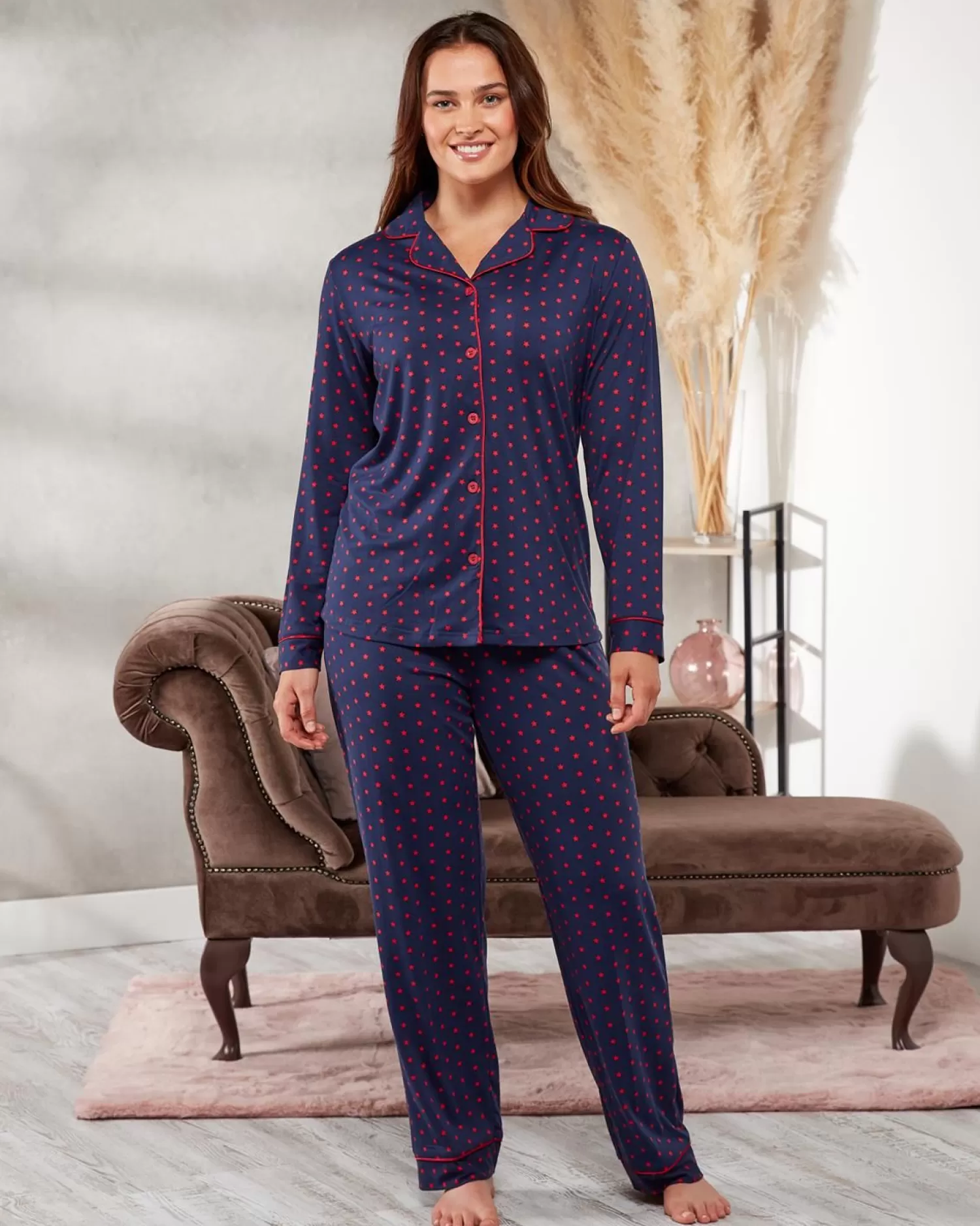 La Marquise Pyjamas | Festive Prints Button Pyjamas - Navy Stars