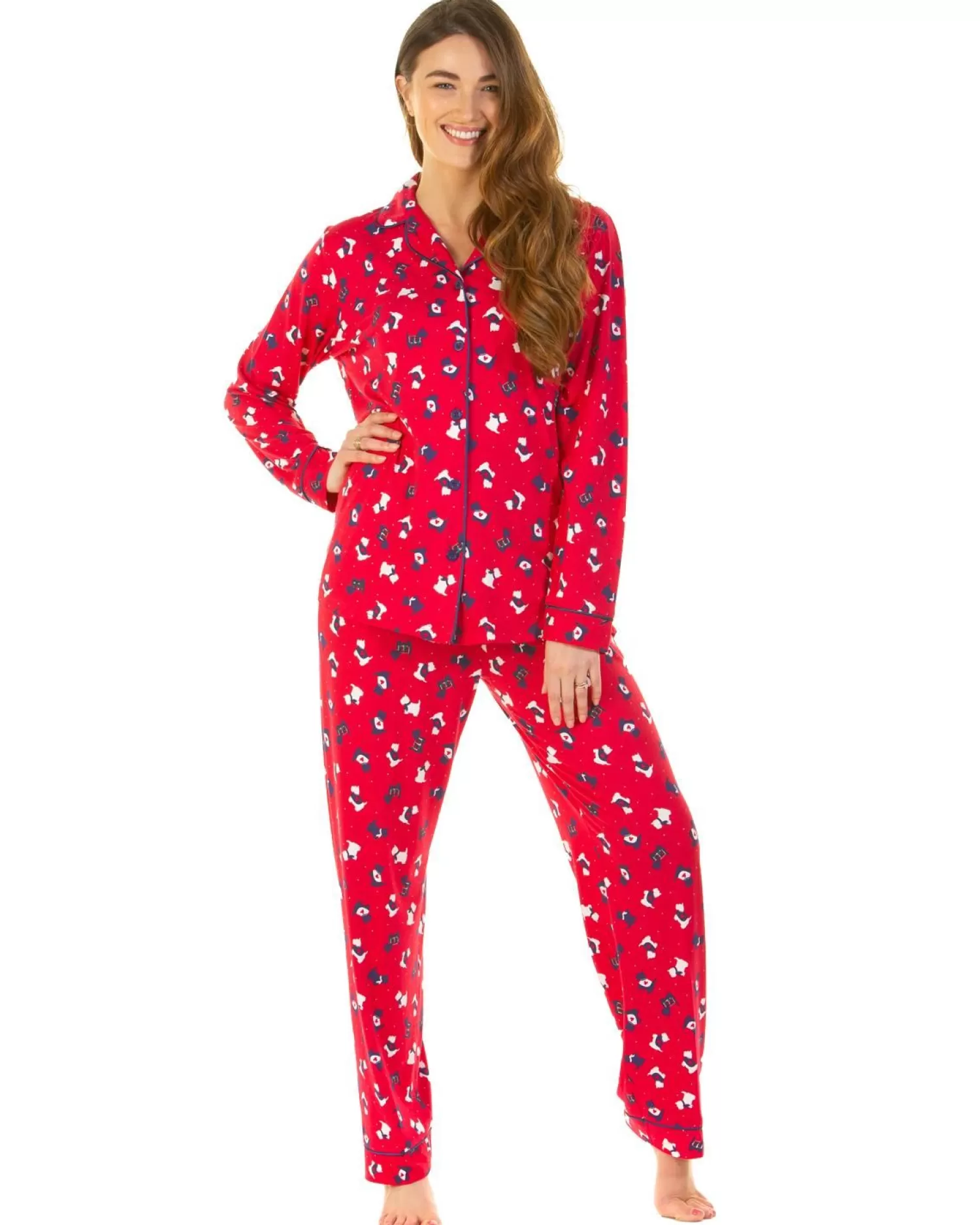 La Marquise Pyjamas | Festive Prints Button Pyjamas - Red Scotty Dogs