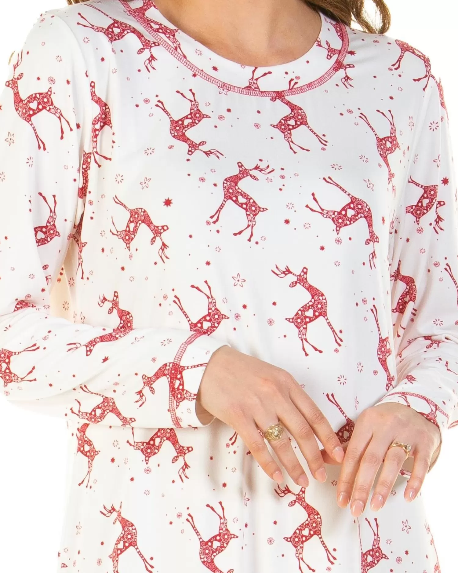 La Marquise Nighties | Festive Prints Long Sleeve Nightie - Ivory Reindeers