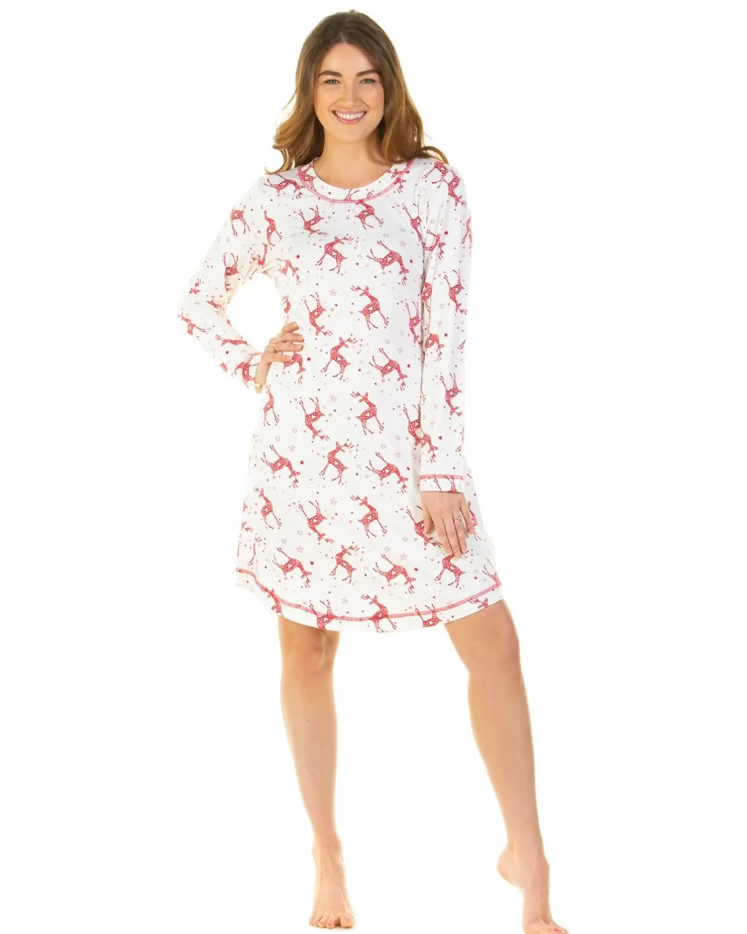 La Marquise Nighties | Festive Prints Long Sleeve Nightie - Ivory Reindeers