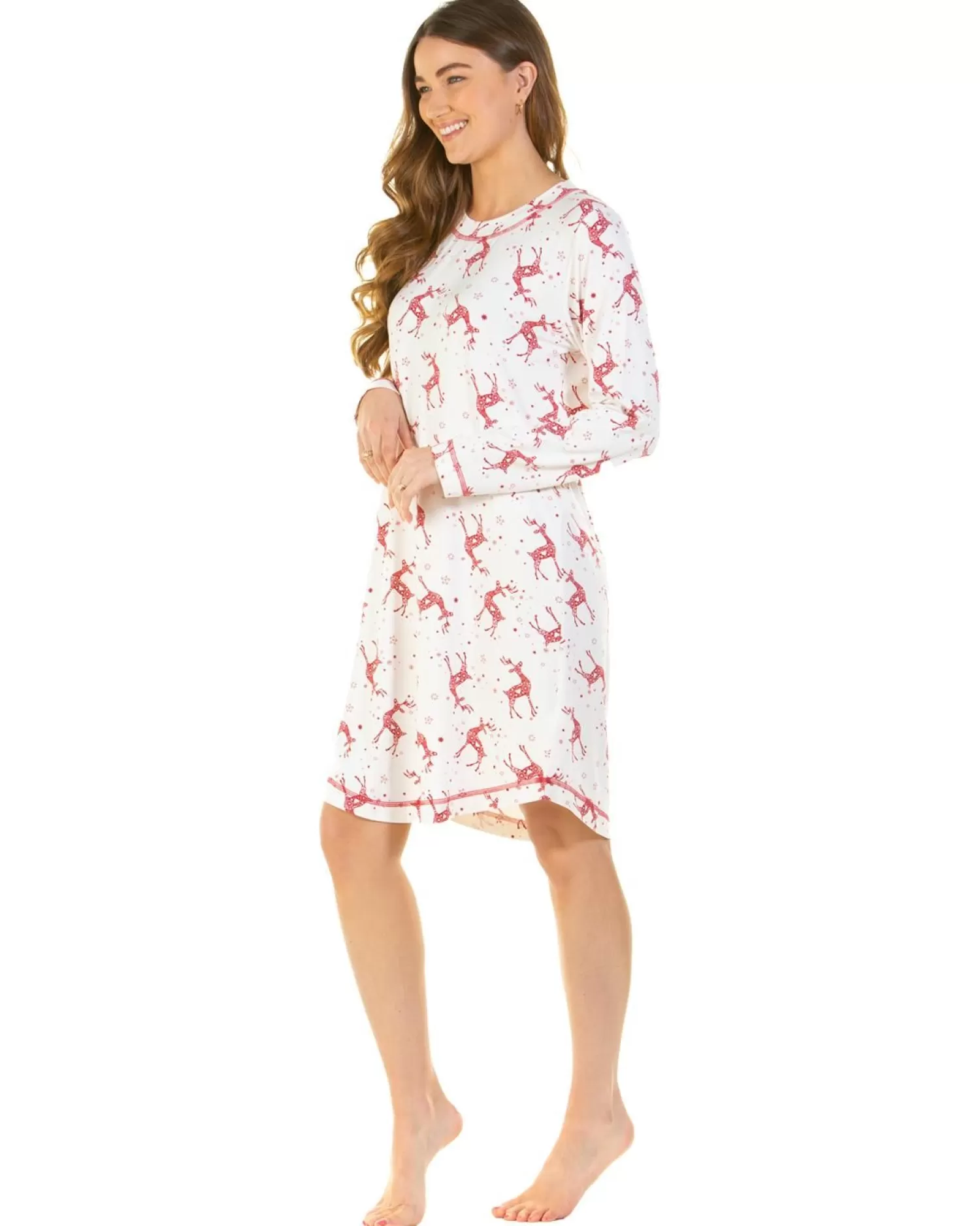 La Marquise Nighties | Festive Prints Long Sleeve Nightie - Ivory Reindeers