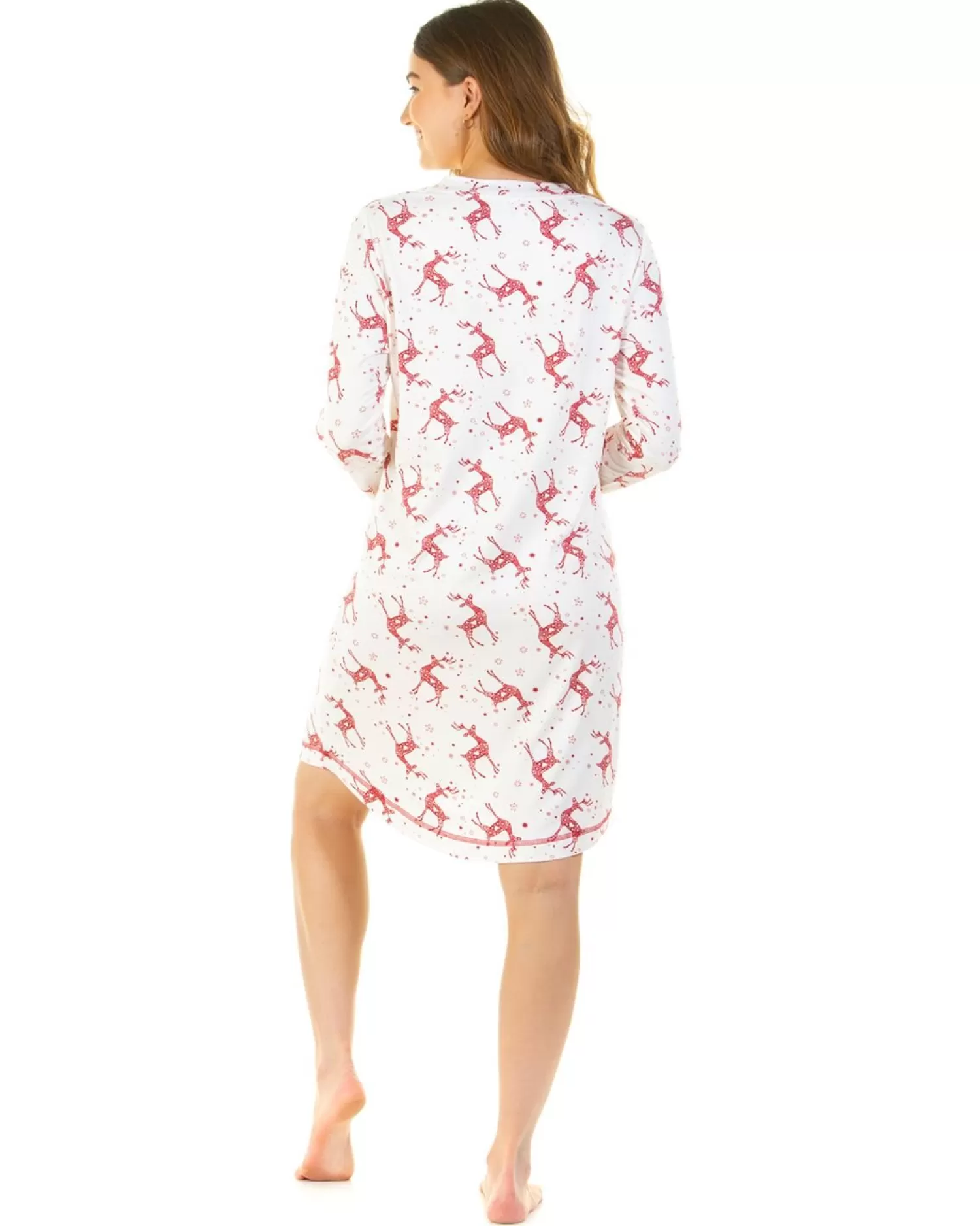La Marquise Nighties | Festive Prints Long Sleeve Nightie - Ivory Reindeers