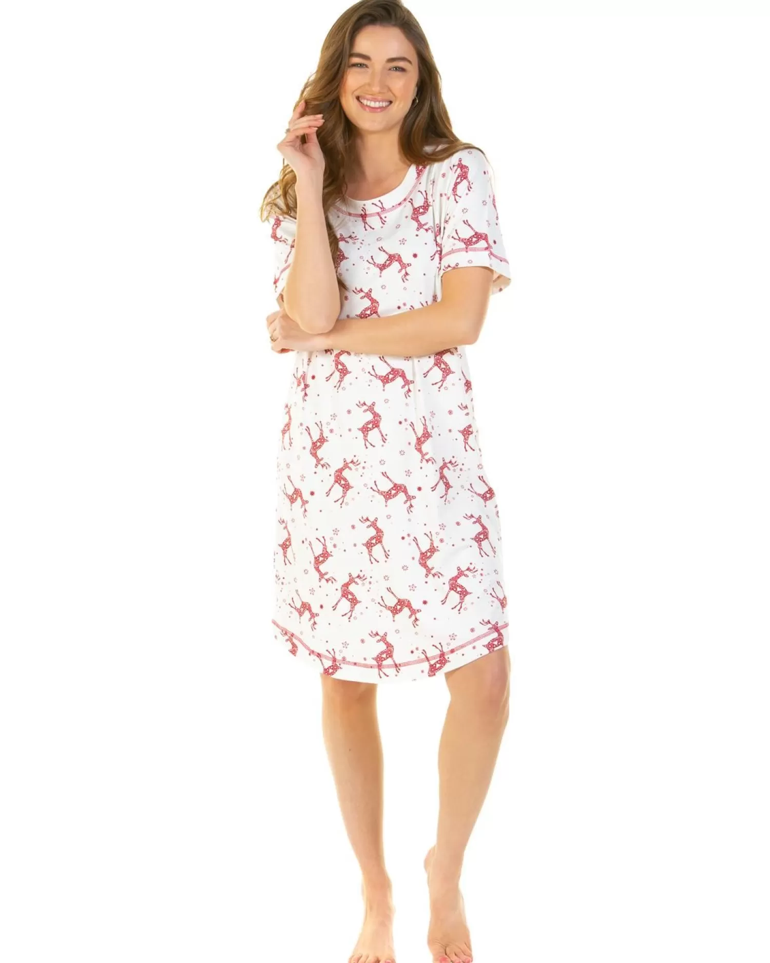 La Marquise Nighties | Festive Prints Short Sleeve Nightie - Ivory Reindeers