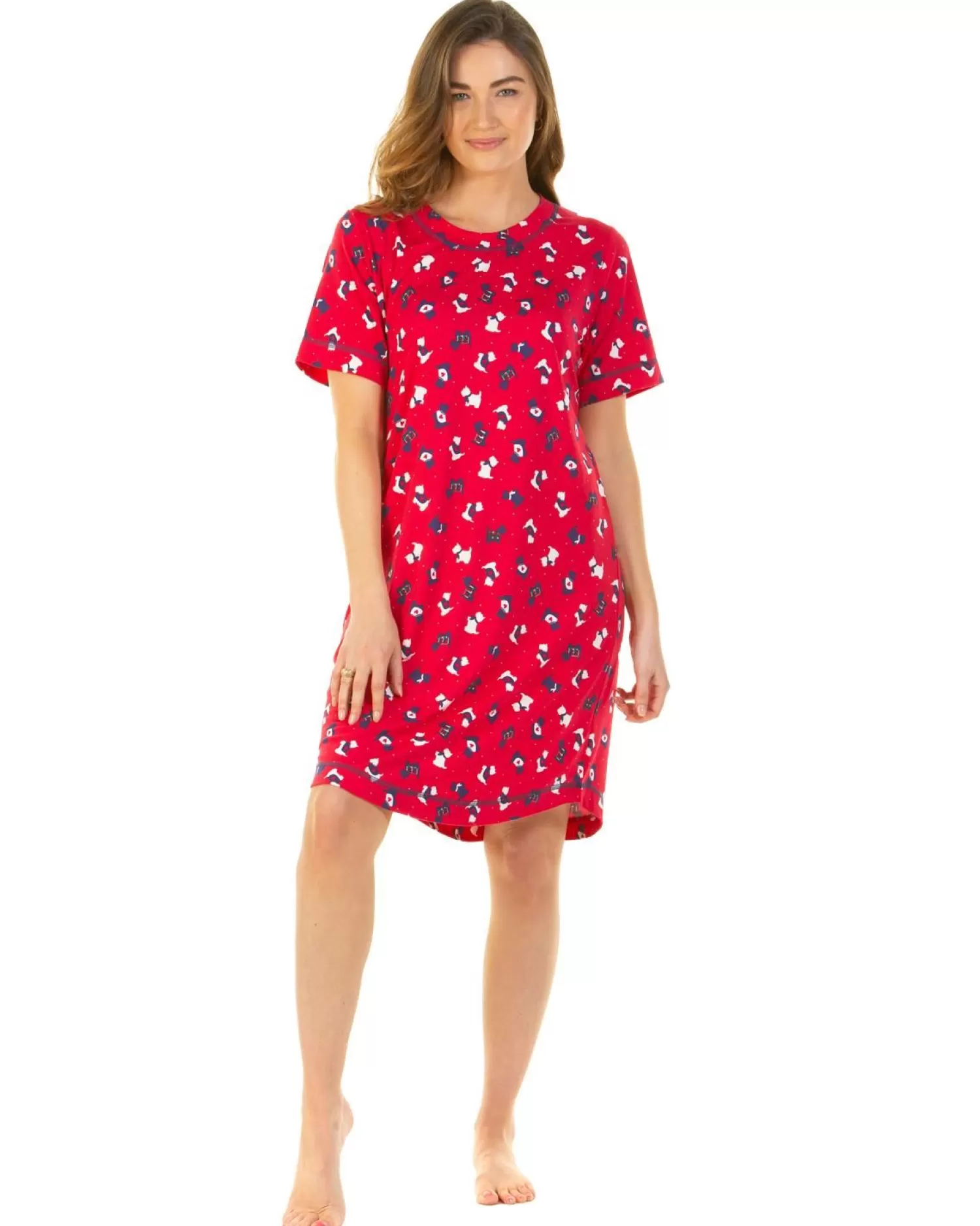 La Marquise Nighties | Festive Prints Short Sleeve Nightie - Red Scotty Dogs