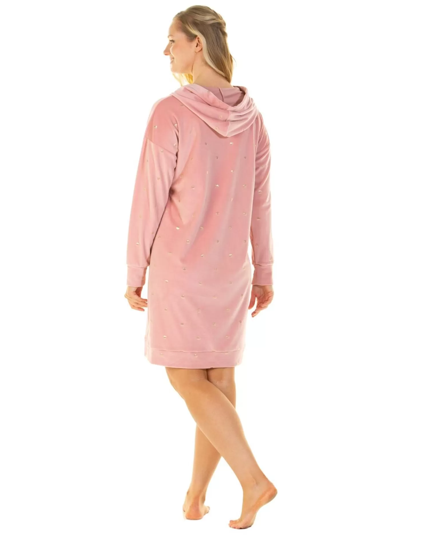 La Marquise Nighties | Gold Dot Velour Hooded Nightie - Pink