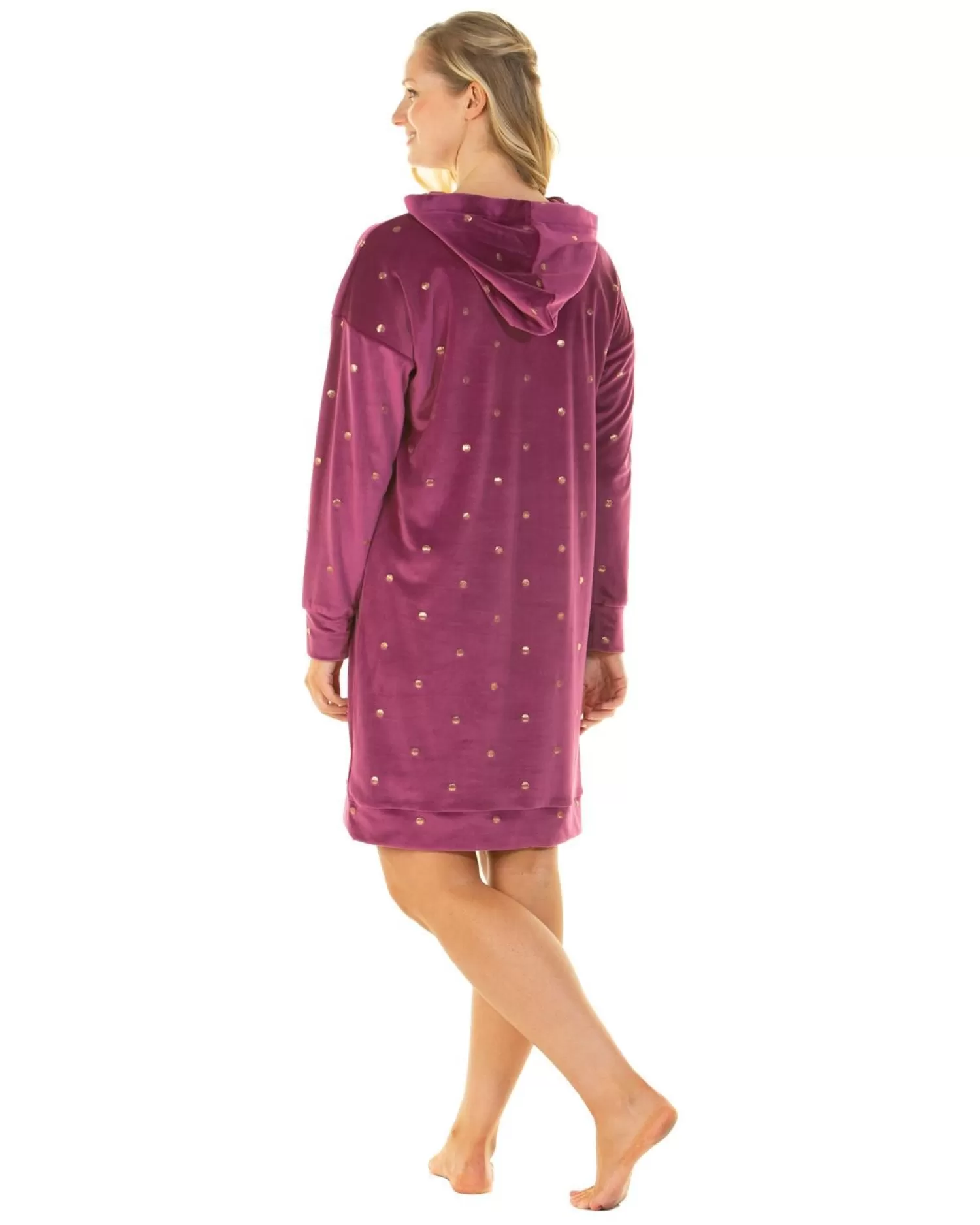 La Marquise Nighties | Gold Dot Velour Hooded Nightie - Plum