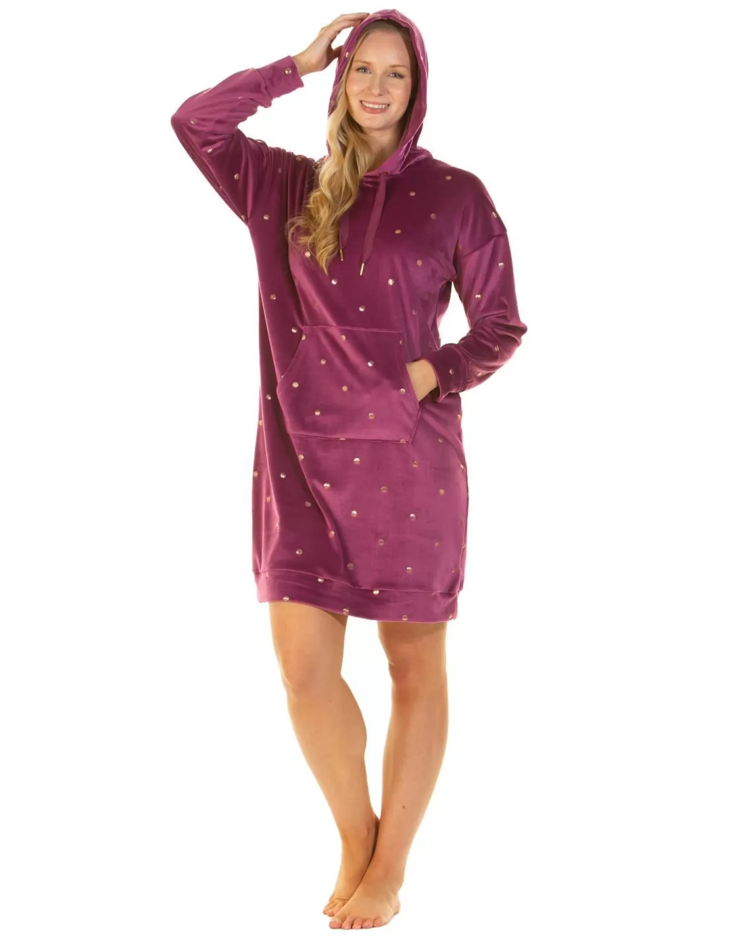 La Marquise Nighties | Gold Dot Velour Hooded Nightie - Plum