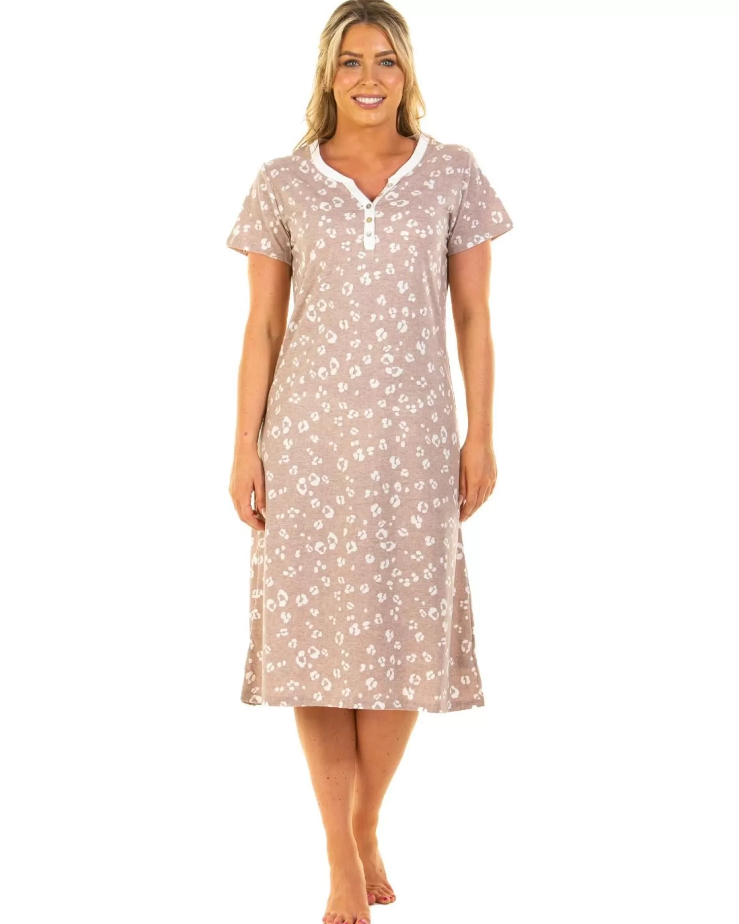 La Marquise Nighties | Heather Leopard Short Sleeve Nightie - Beige