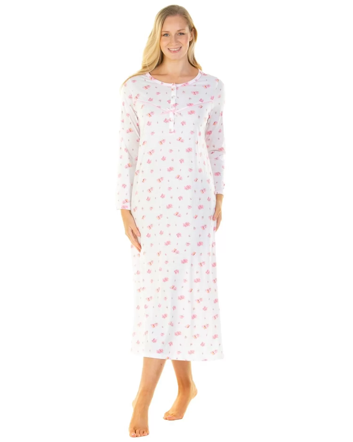 La Marquise Nighties | Pink Blush Jersey Long Sleeve Longer Length Nightie - Ivory