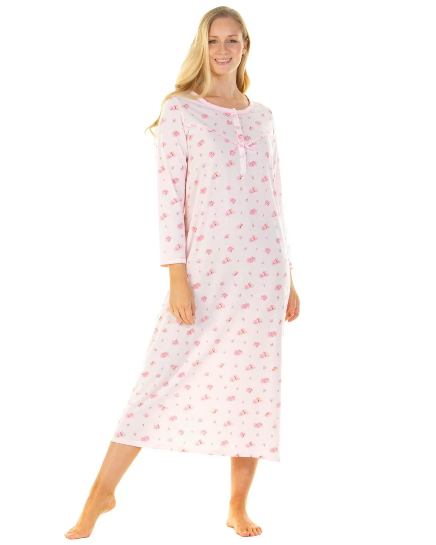 La Marquise Nighties | Pink Blush Jersey Long Sleeve Longer Length Nightie - Pink