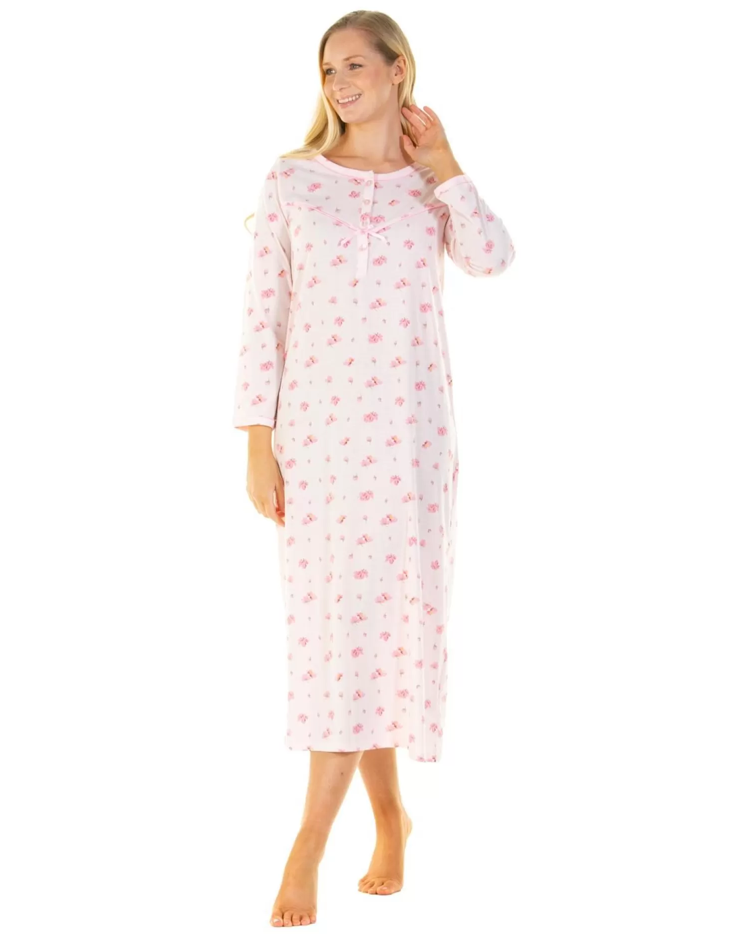 La Marquise Nighties | Pink Blush Jersey Long Sleeve Longer Length Nightie - Pink